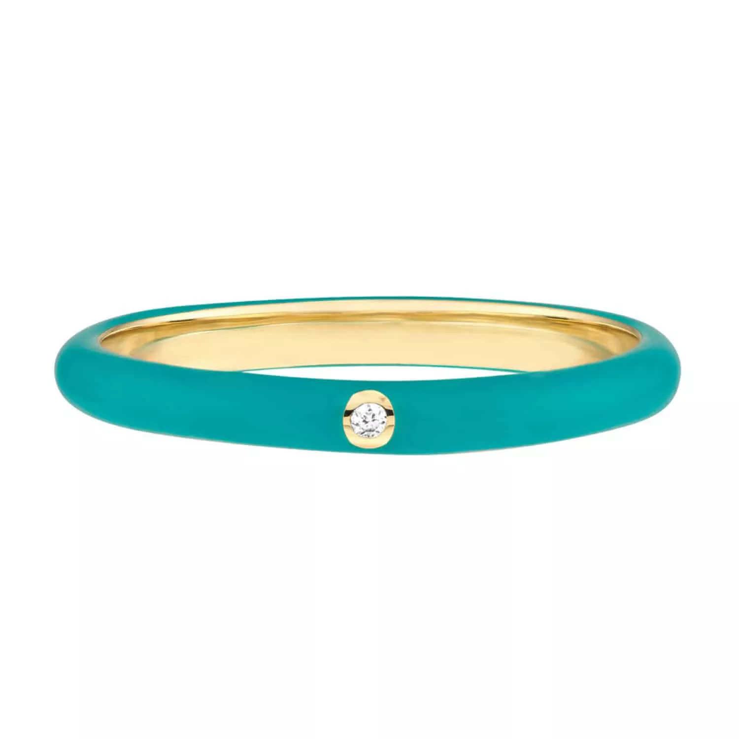 0.02CT Natural Diamond 14K Yellow Gold Teal Enamel Band Ring