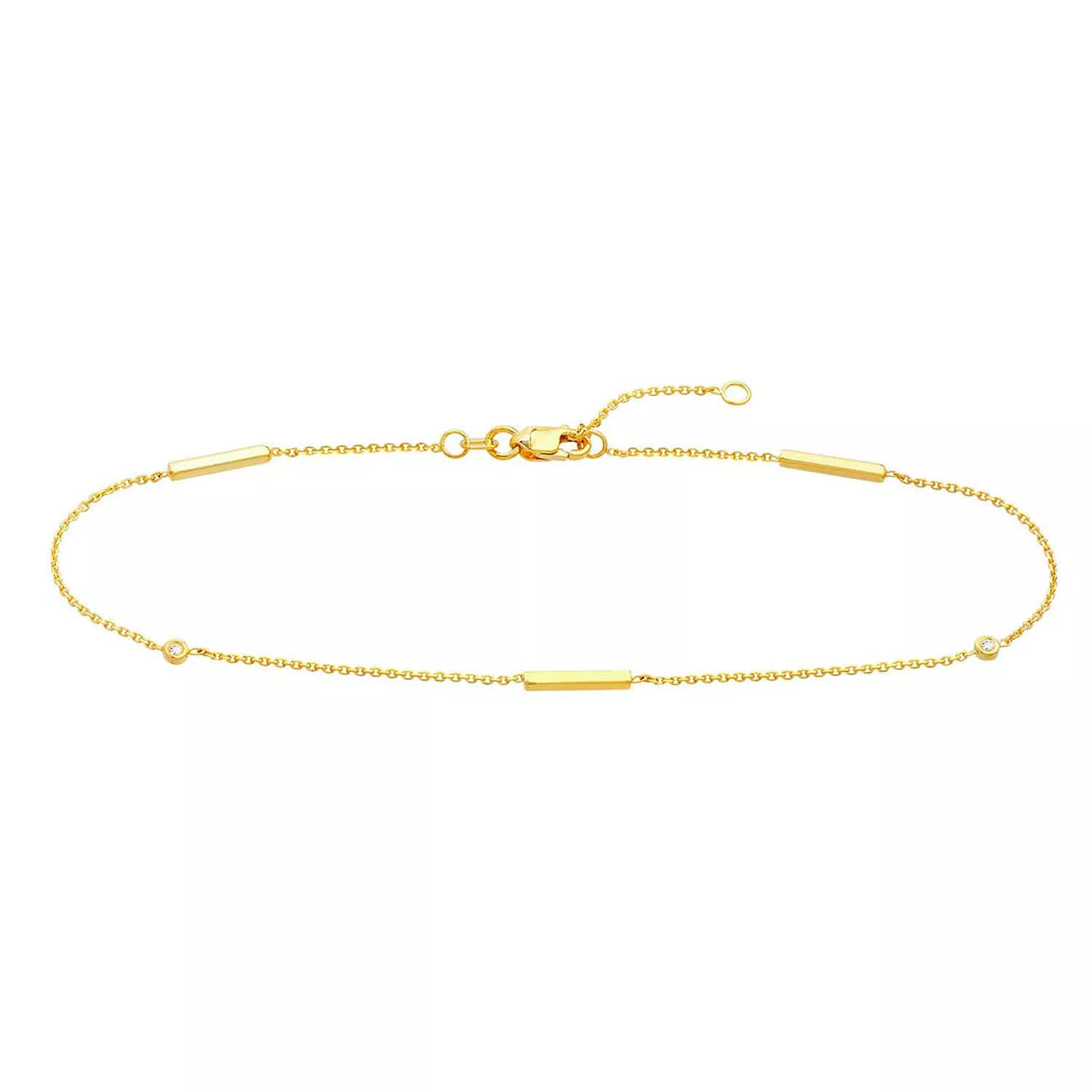 0.03CTW Natural Diamond 14K Yellow Gold Bezel Bar Anklet (Solid Links) 9"-10" Adjustable