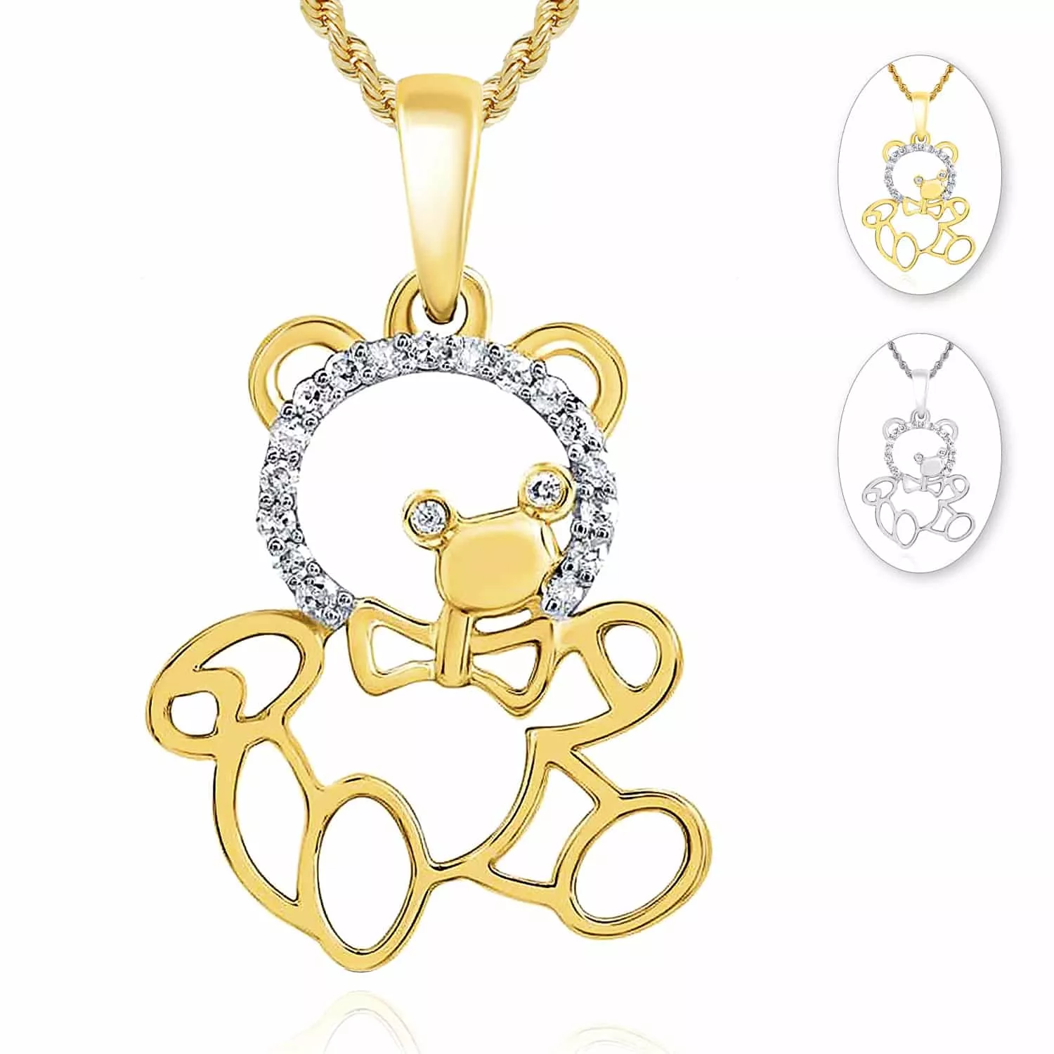 0.05CTW Natural Diamond 10K Gold Yellow White Bear Pendant 0.8"