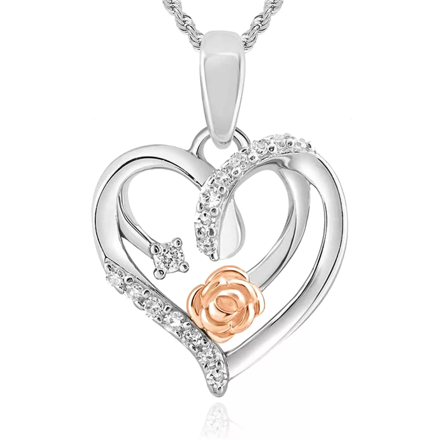 0.07CTW Natural Diamond Sterling Silver Rose Heart Pendant 0.7"