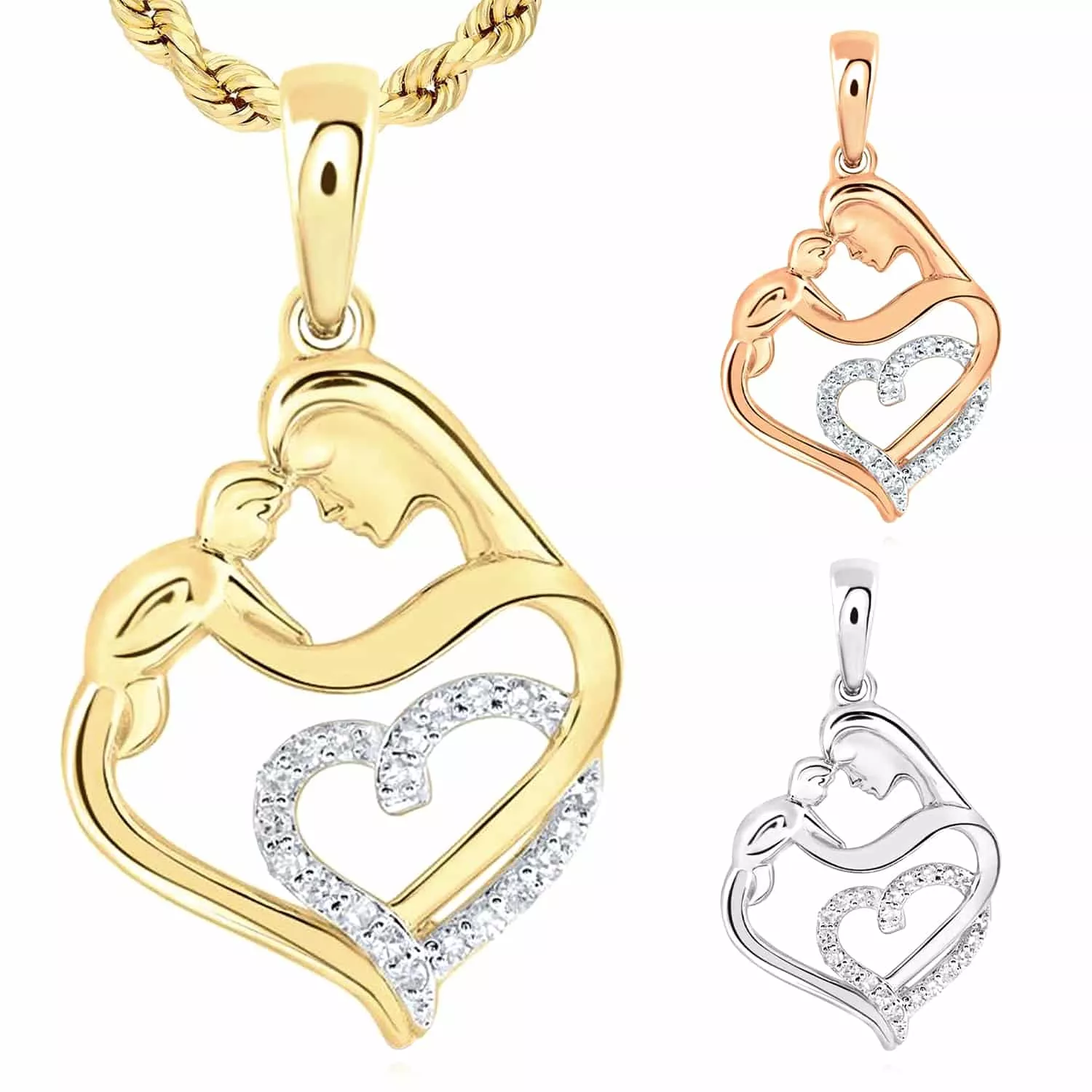 0.10CTW Natural Diamond 10K Gold Yellow White Rose Child Mother Heart Pendant