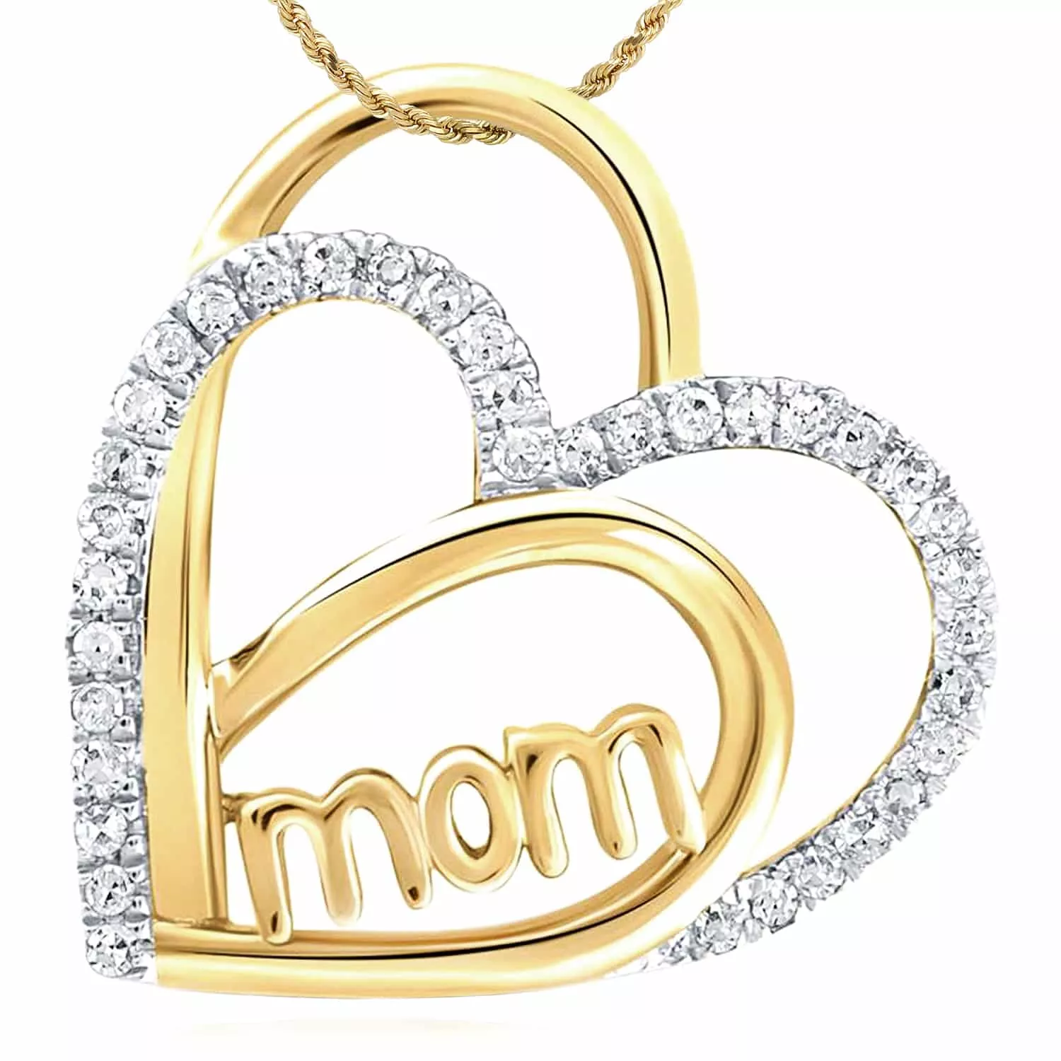 0.10CTW Natural Diamond 10K Yellow Gold Double Heart Mom Sliding Pendant 0.62"