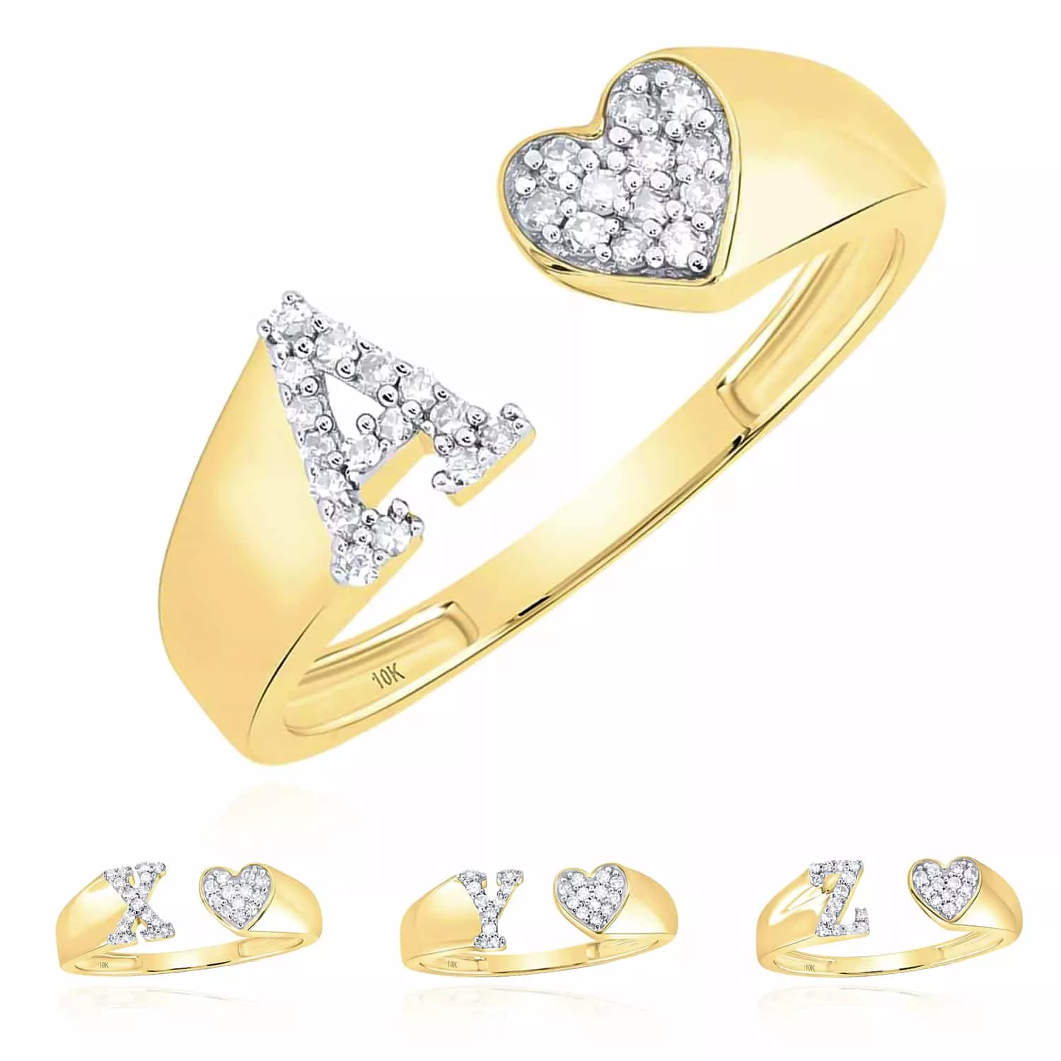 0.10CTW Natural Diamond 10K Yellow Gold Heart Initial Cocktail Open Ring