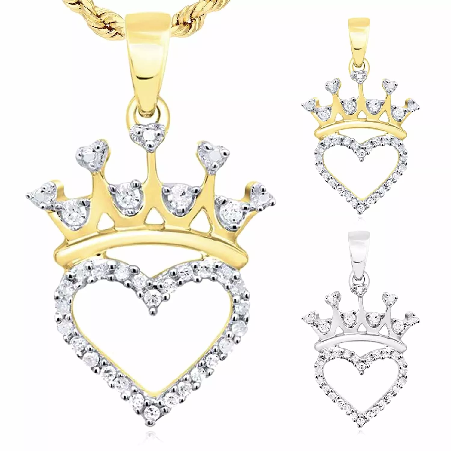 0.10CTW Natural Diamond Yellow White Sterling Silver Crown Heart Pendant 0.8"