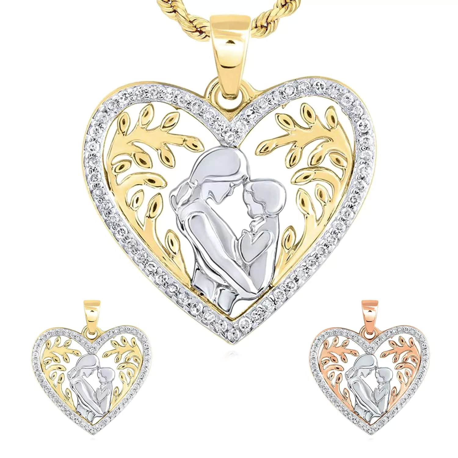 0.11CTW Natural Diamond 10K Gold Yellow Rose Mother Child Heart Pendant 0.75"