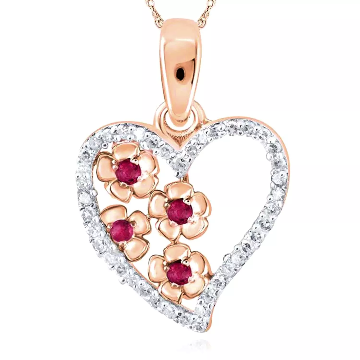 0.11CTW Natural Diamond 10K Rose Gold Ruby Flower Heart Pendant 0.7"