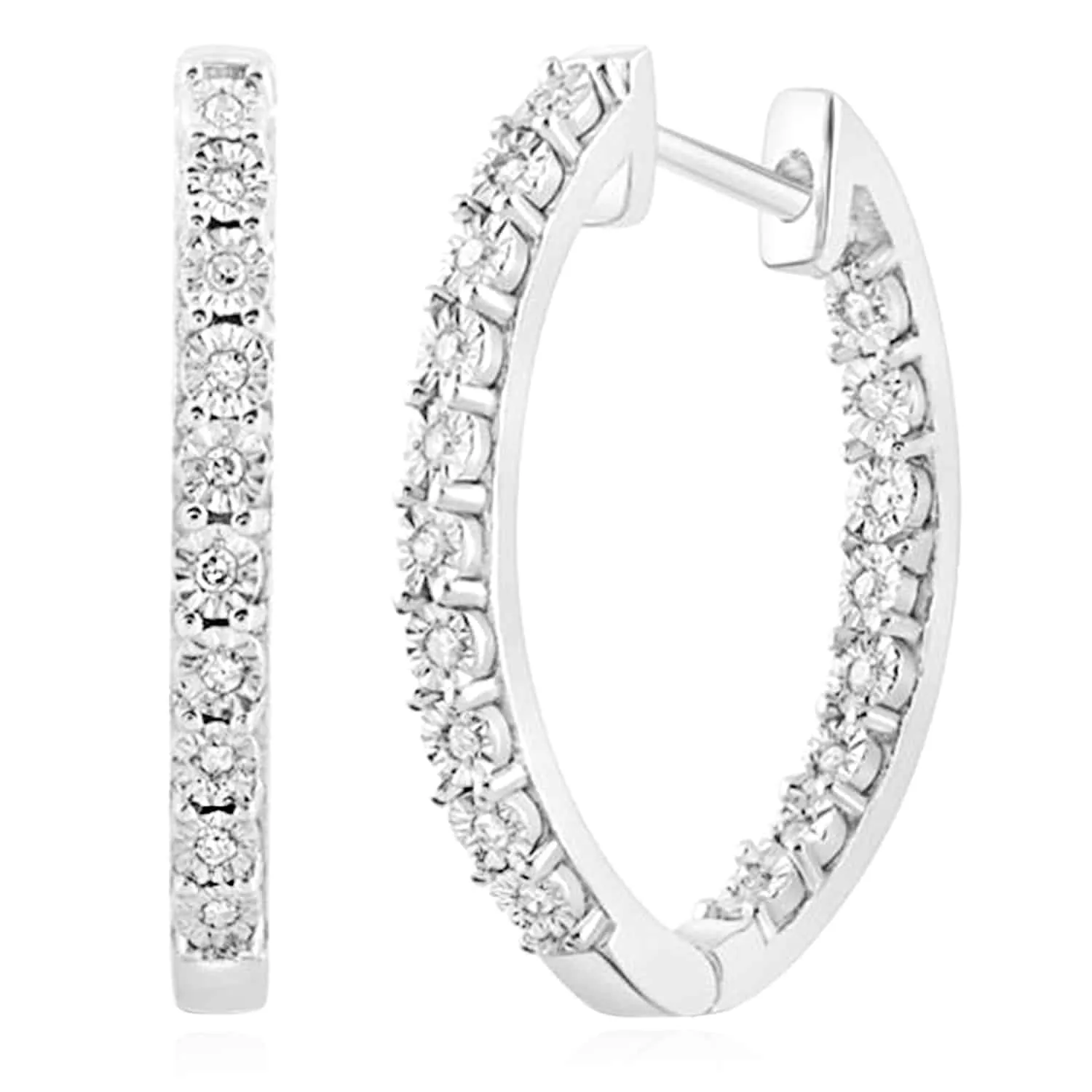 0.11CTW Natural Diamond Sterling Silver Inside Outside Hinged Hoop Earrings 20mm