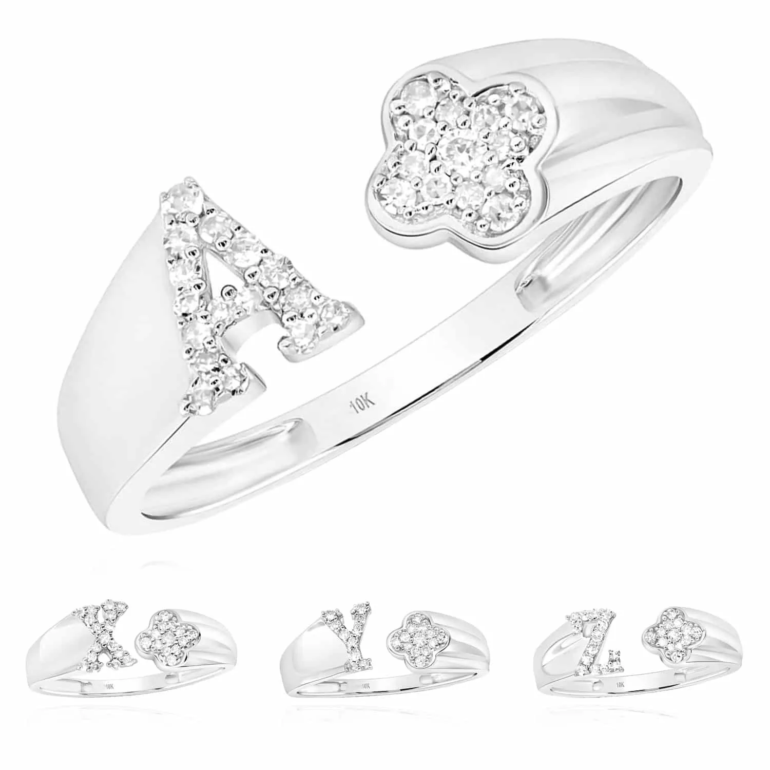 0.12CTW Natural Diamond 10K White Gold Clover Leaf Initial Cocktail Open Ring