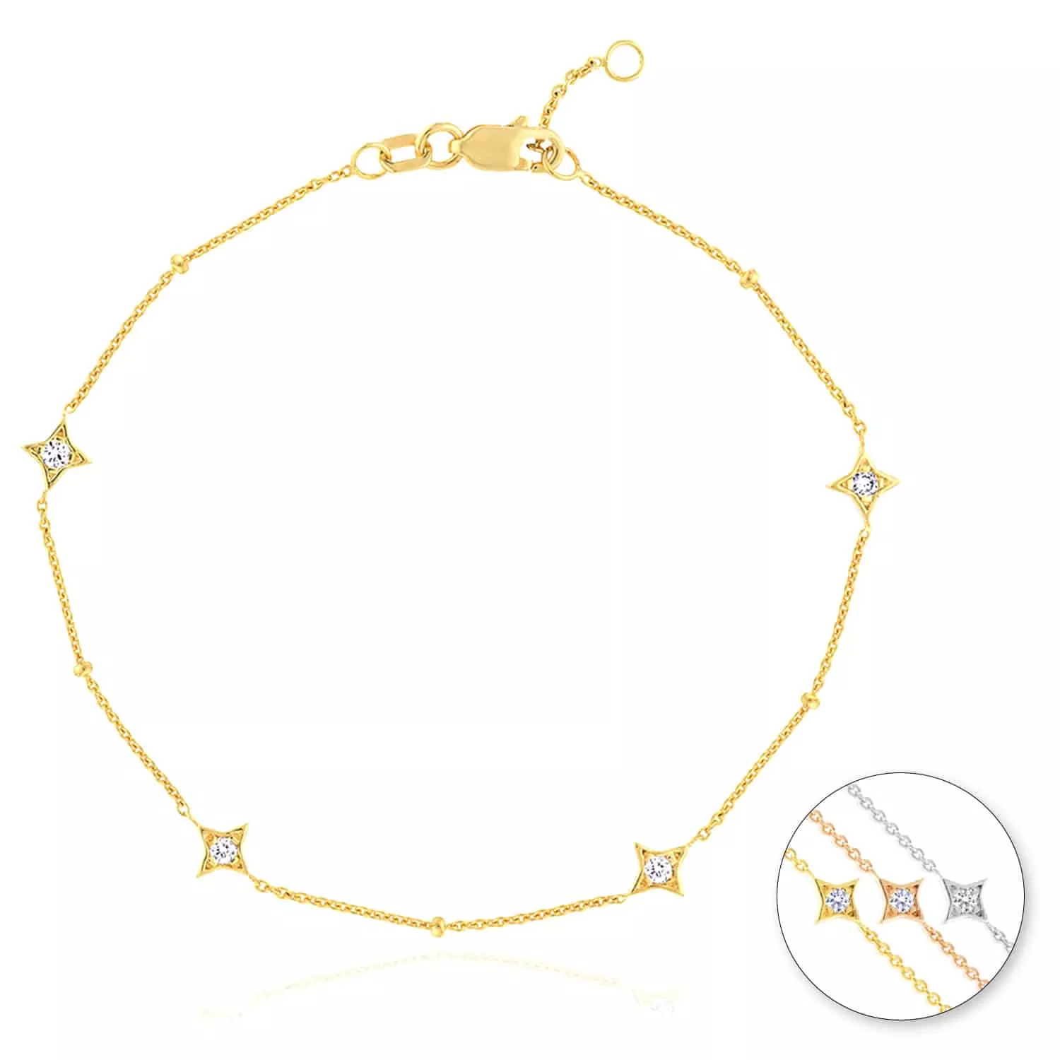 0.12CTW Natural Diamond 14K Yellow White Rose Gold Star Bead Bracelet (Solid Links) 7"-7.5" Adjustable