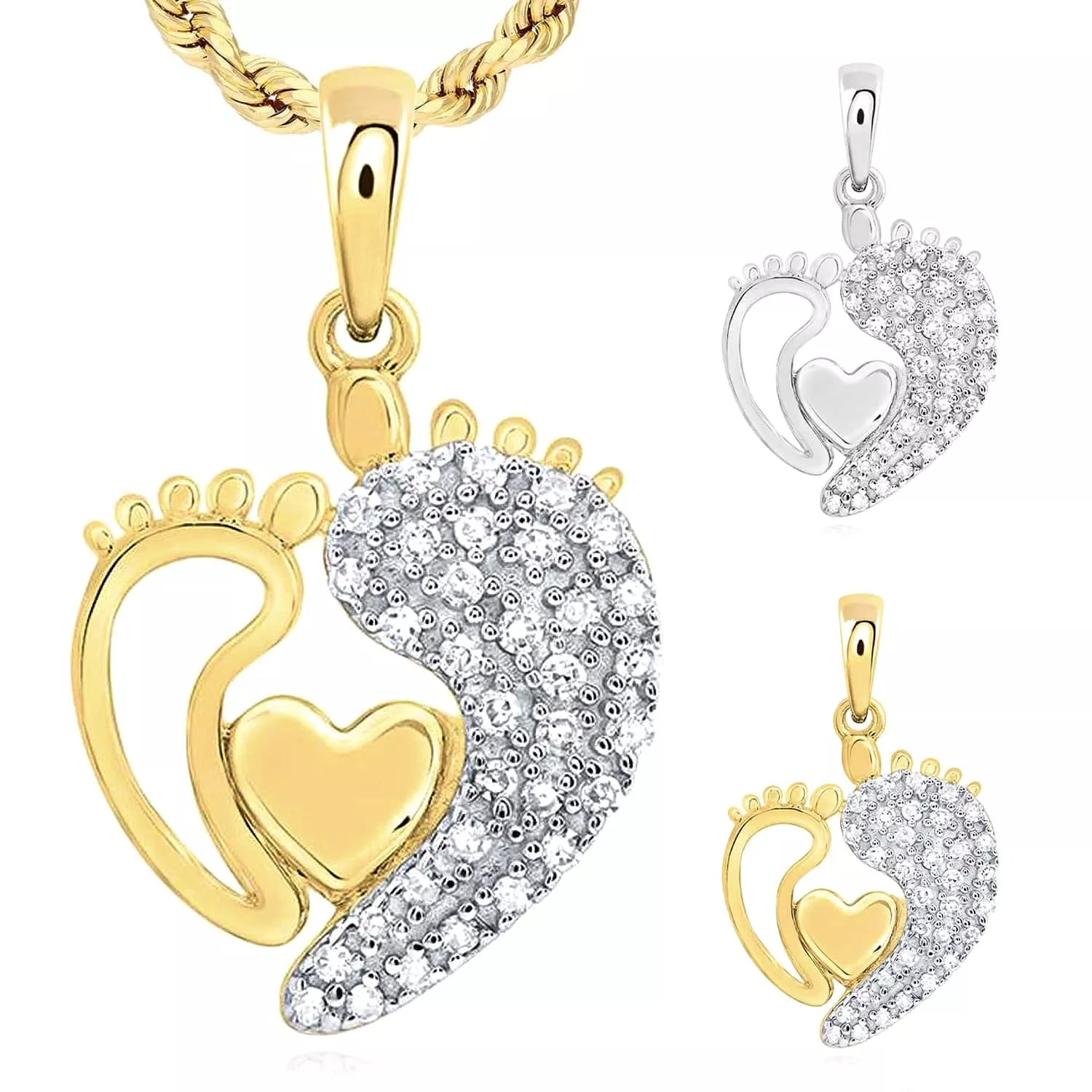0.13CTW Natural Diamond 10K Gold Mother Child Footprints Heart Pendant 0.7"