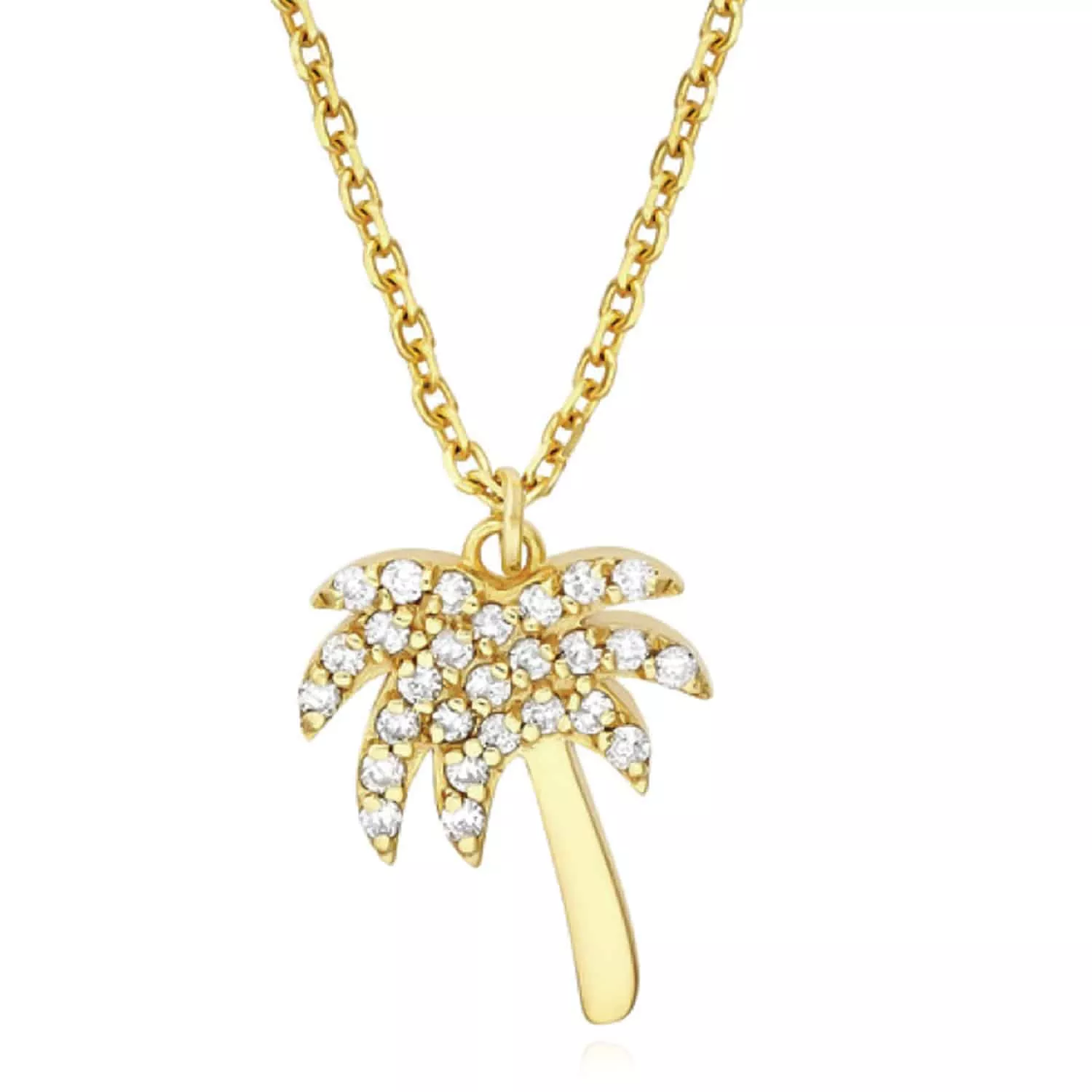 0.14CTW Natural Diamond 14K Gold Palm Tree Pendant 16"-18" Chain Adjust.