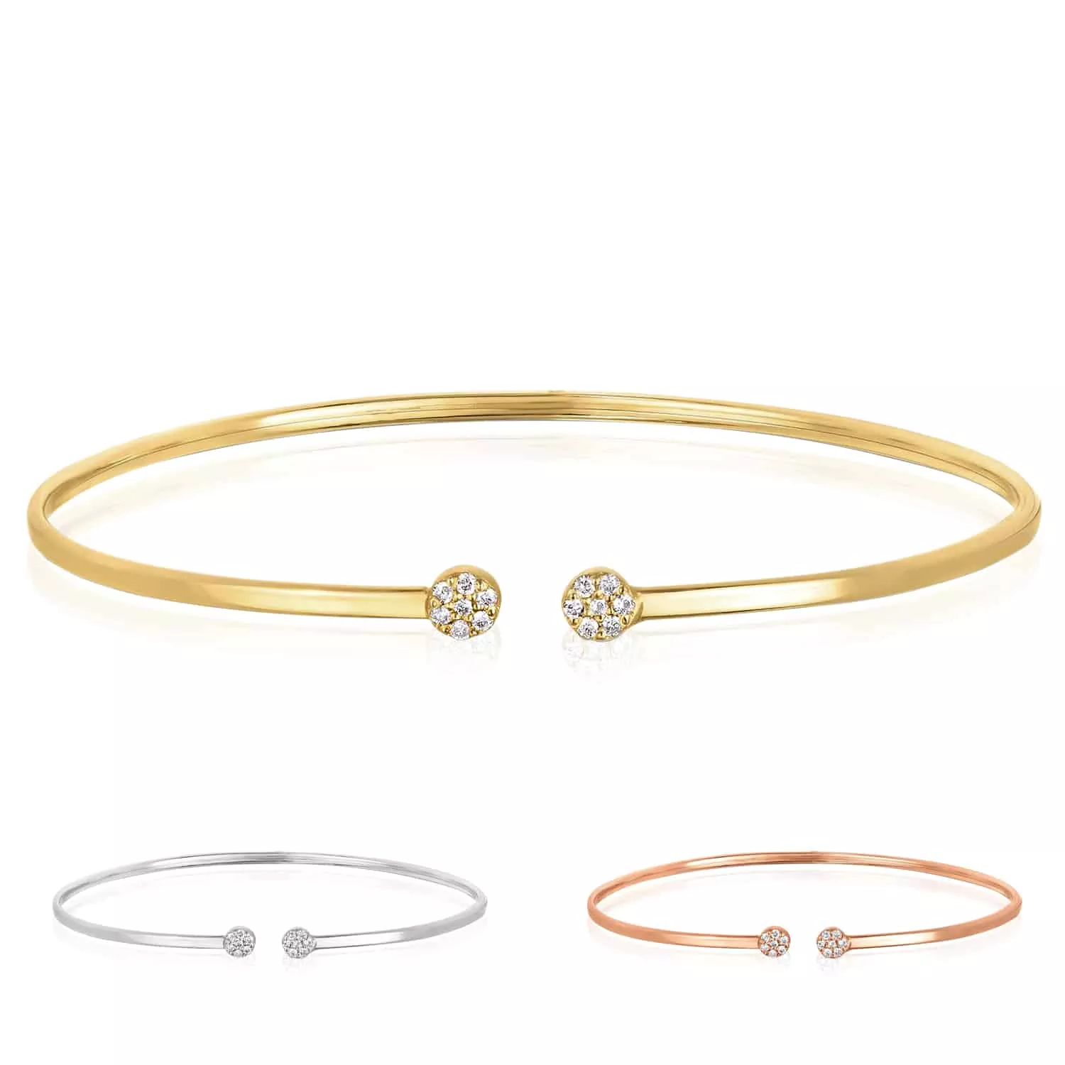 0.14CTW Natural Diamond 2mm 14K Yellow White Rose Gold Cuff Bangle Bracelet (Hollow)