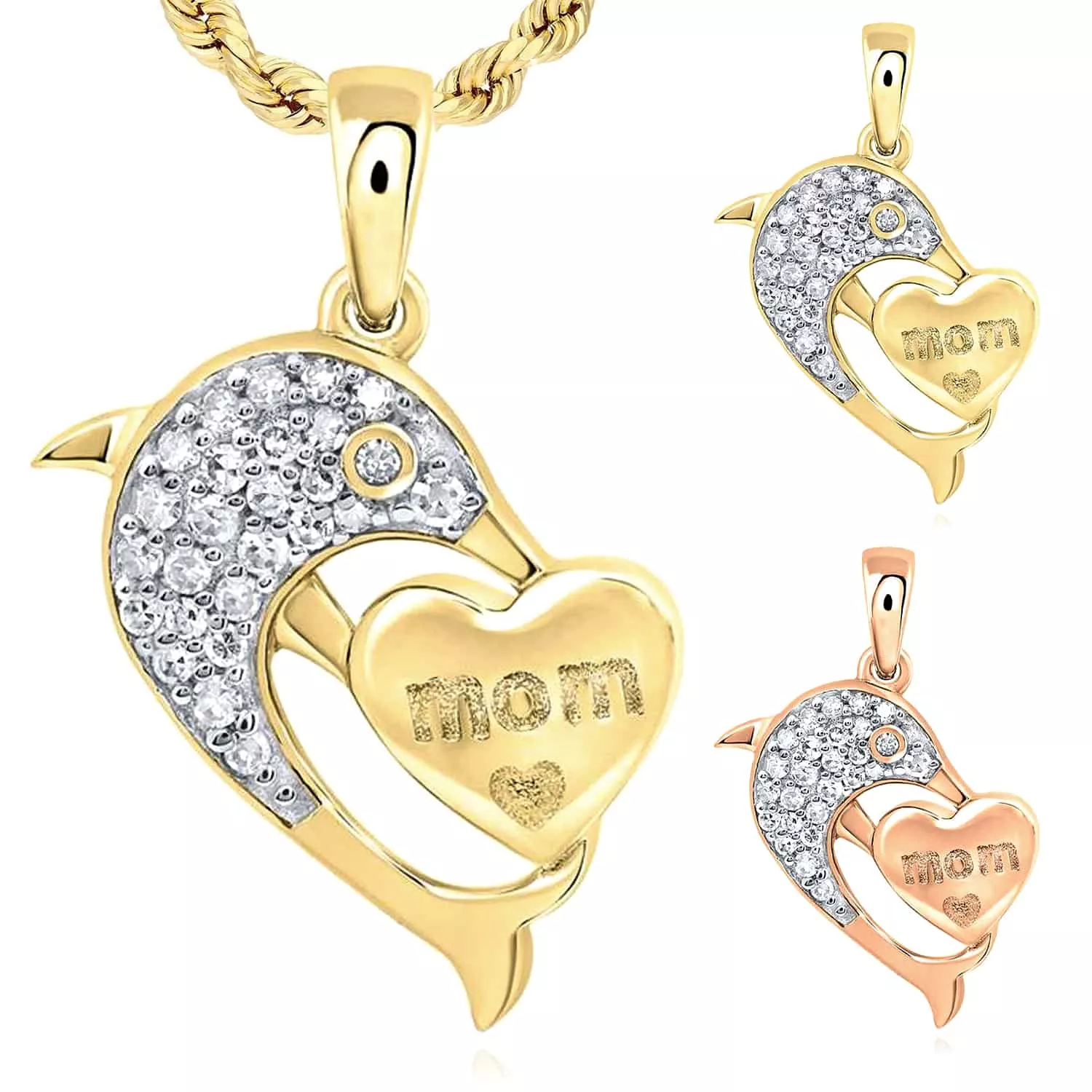 0.15CTW Natural Diamond 10K Gold Yellow Rose Mom Heart Dolphin Pendant 0.86"