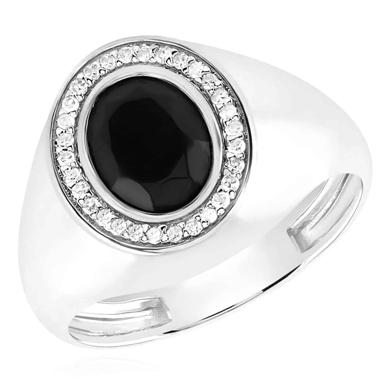 0.15CTW Natural Diamond 10K White Gold Oval Black Onyx Signet Ring