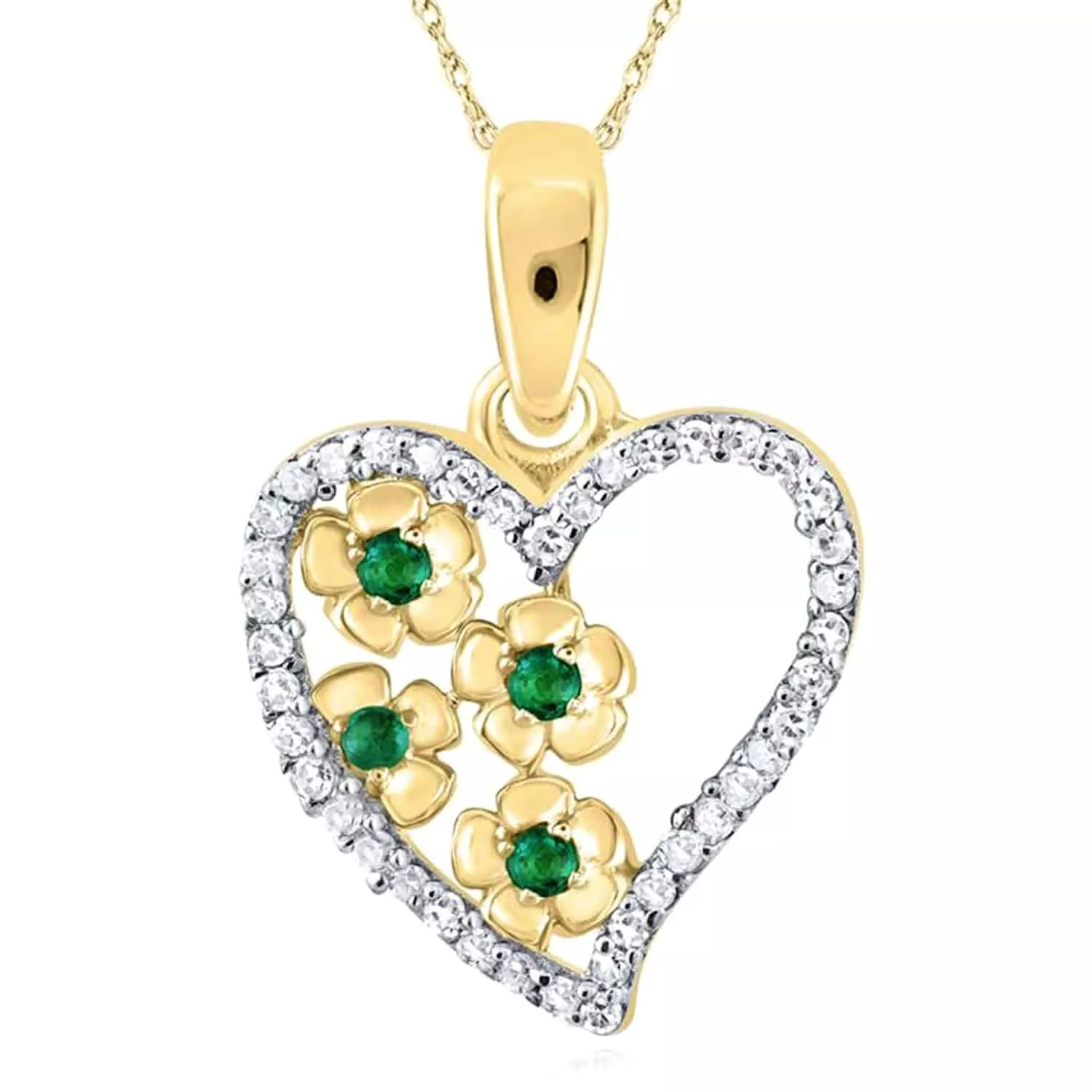 0.15CTW Natural Diamond 10K Yellow Gold Emerald Flower Heart Pendant 0.7"