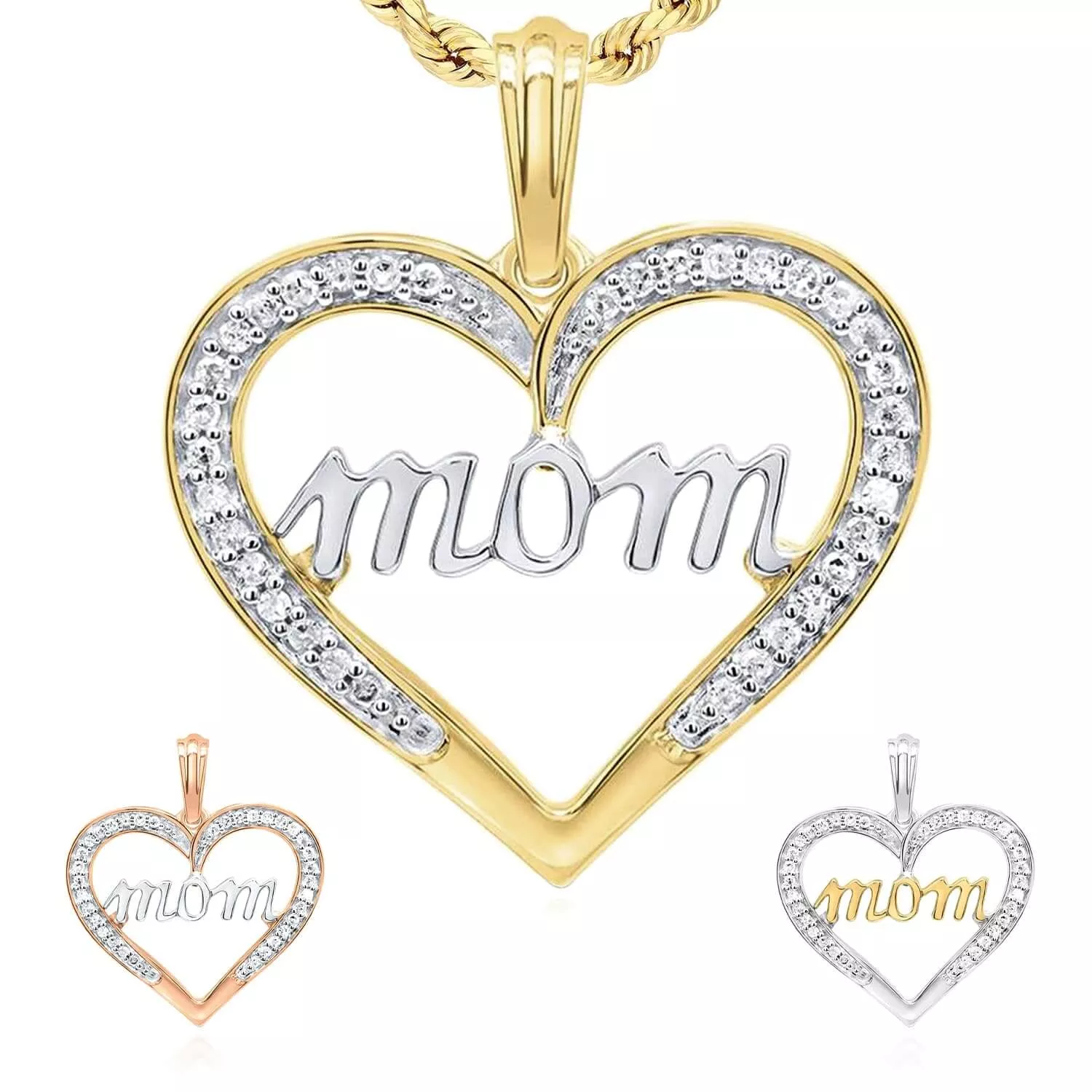0.15CTW Natural Diamond 10K Yellow White Rose Gold Open Heart Mom Pendant 0.8"