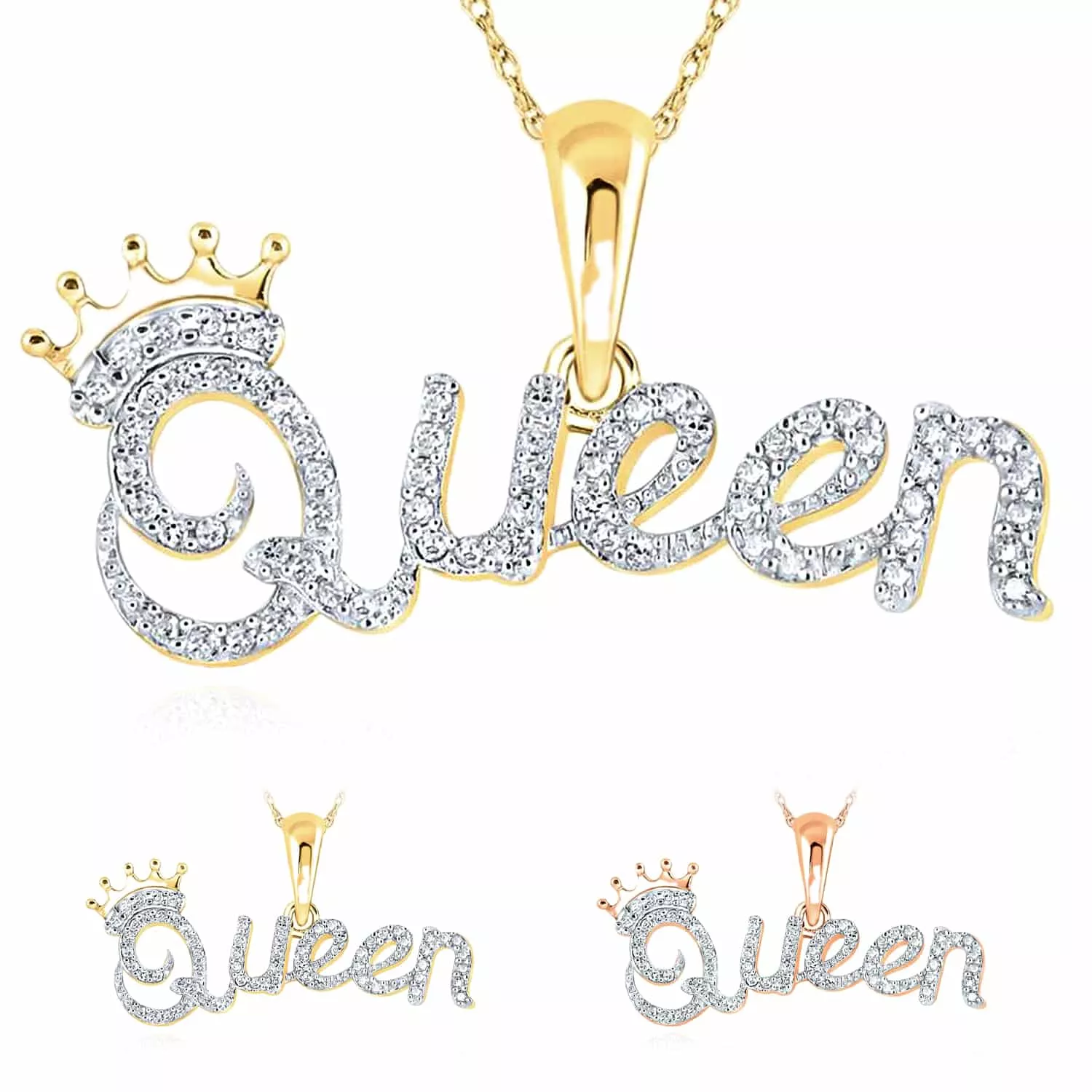 0.16CTW Natural Diamond 10K Gold Yellow Rose Crown "Queen" Pendant 0.55"