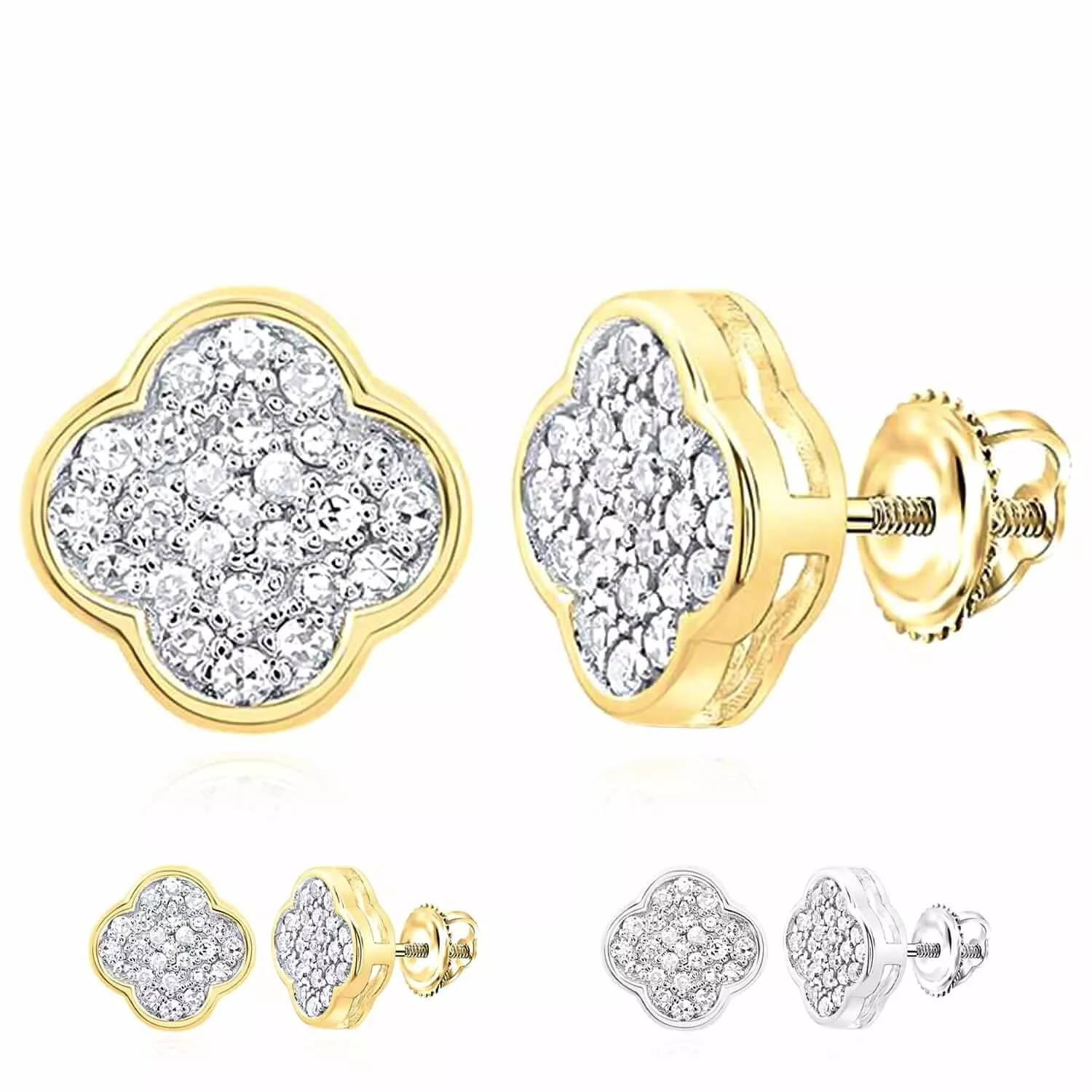 0.16CTW Natural Diamond 10K Gold Yellow White Clover Stud Screw Back Earrings
