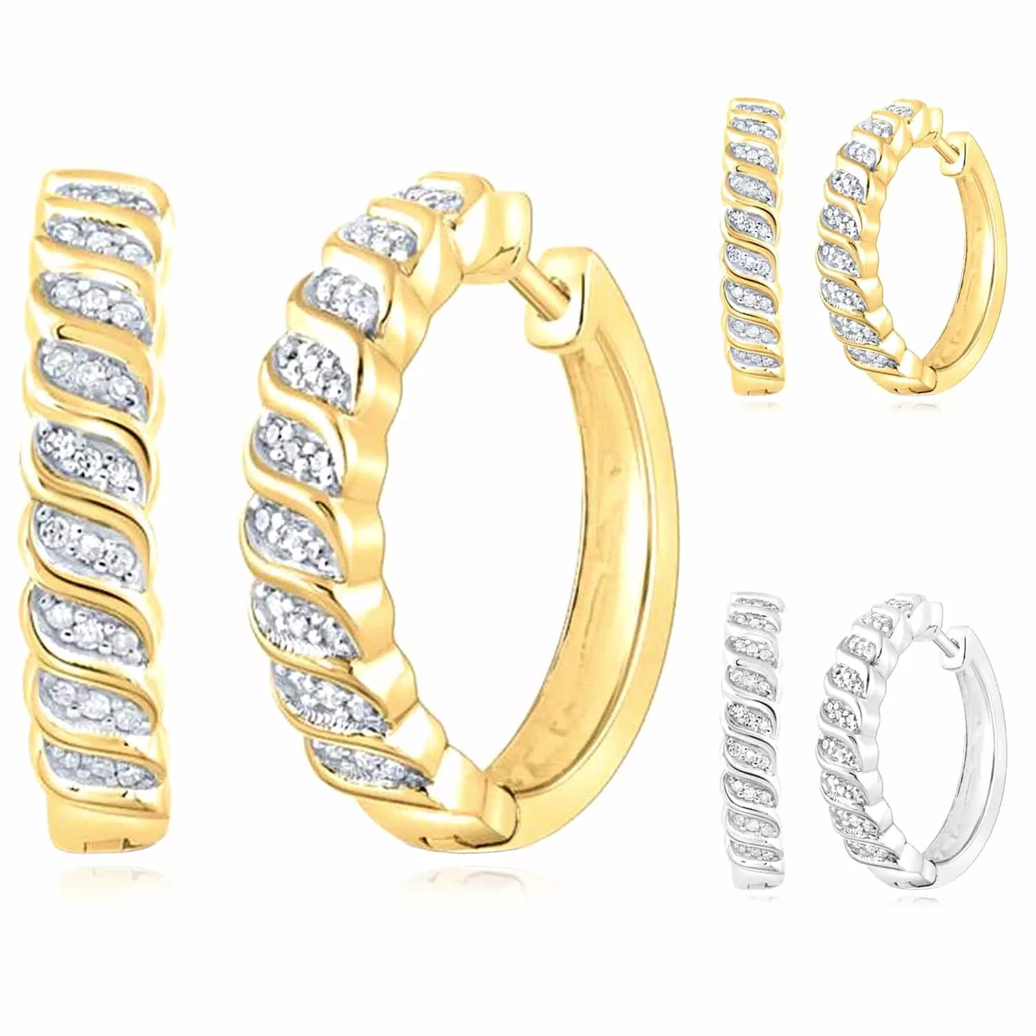 0.17CTW Natural Diamond 18K Gold Over Silver Wavy Huggie Hoop Earrings 18mm