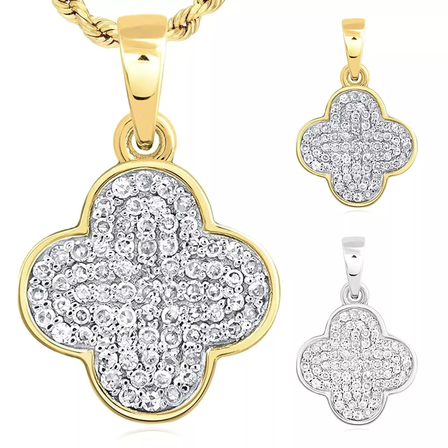 0.20CTW Natural Diamond 10K Gold White Clover Leaf Pendant 0.4"