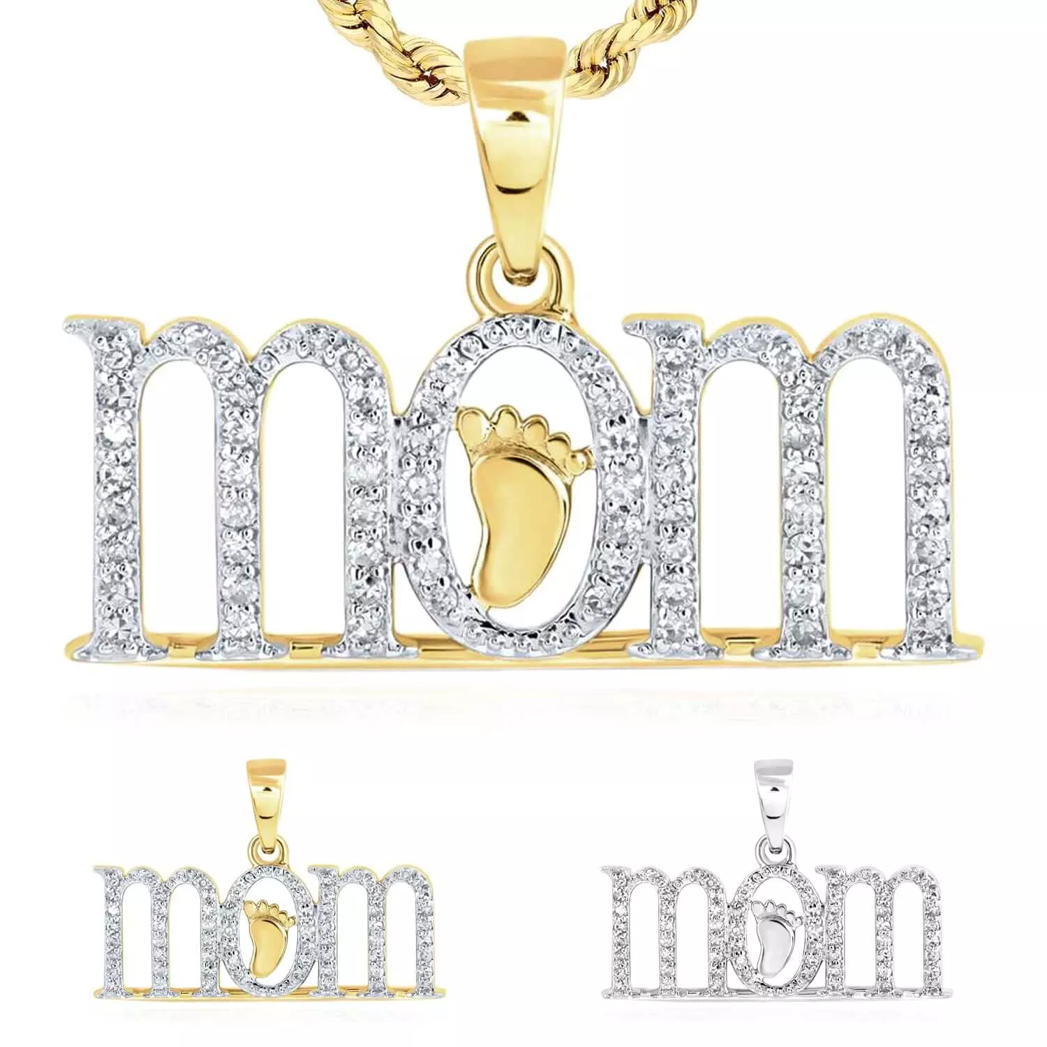 0.20CTW Natural Diamond 10K Gold Yellow White Baby Foot "mom" Pendant 0.6"
