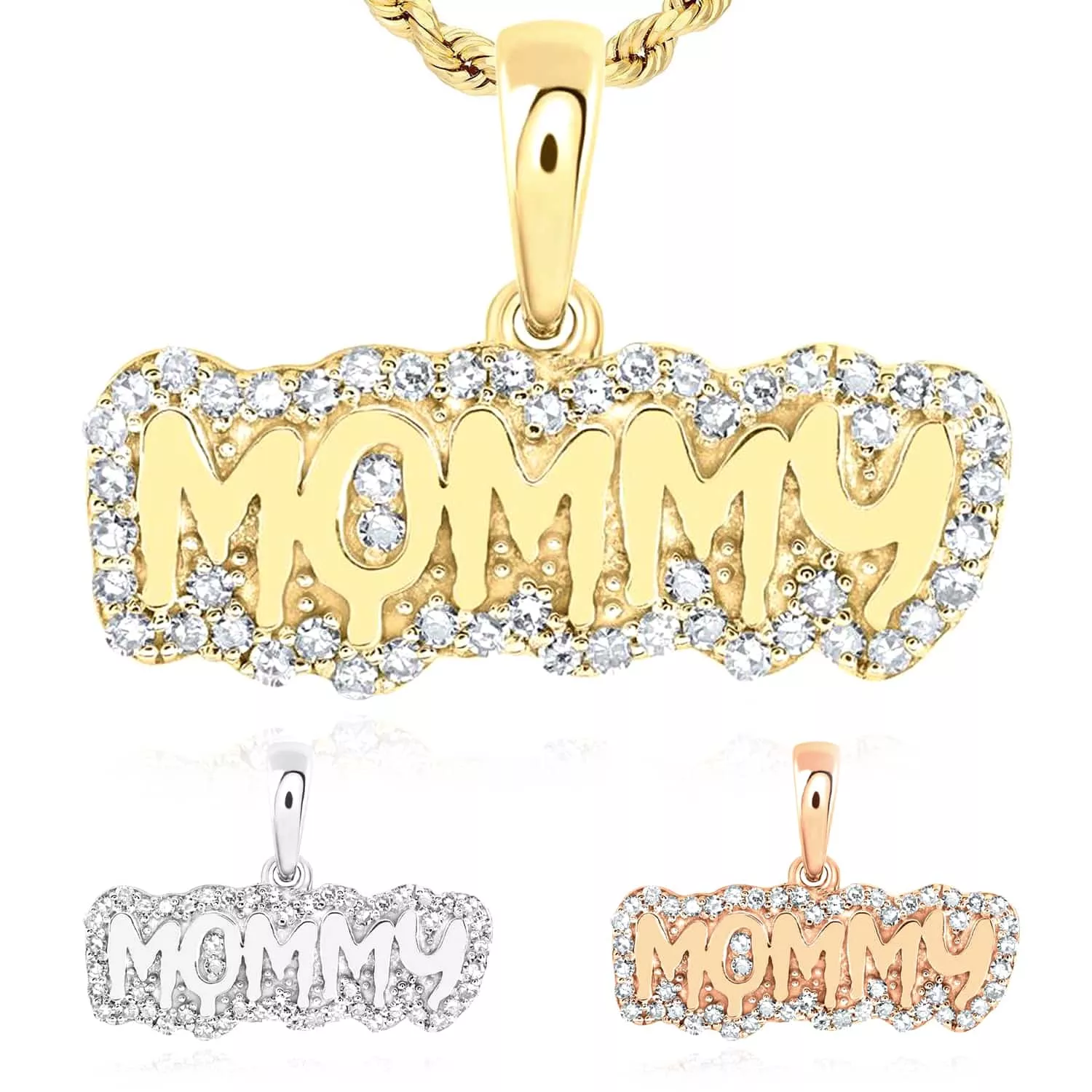 0.20CTW Natural Diamond 10K Gold Yellow White Rose MOMMY Pendant