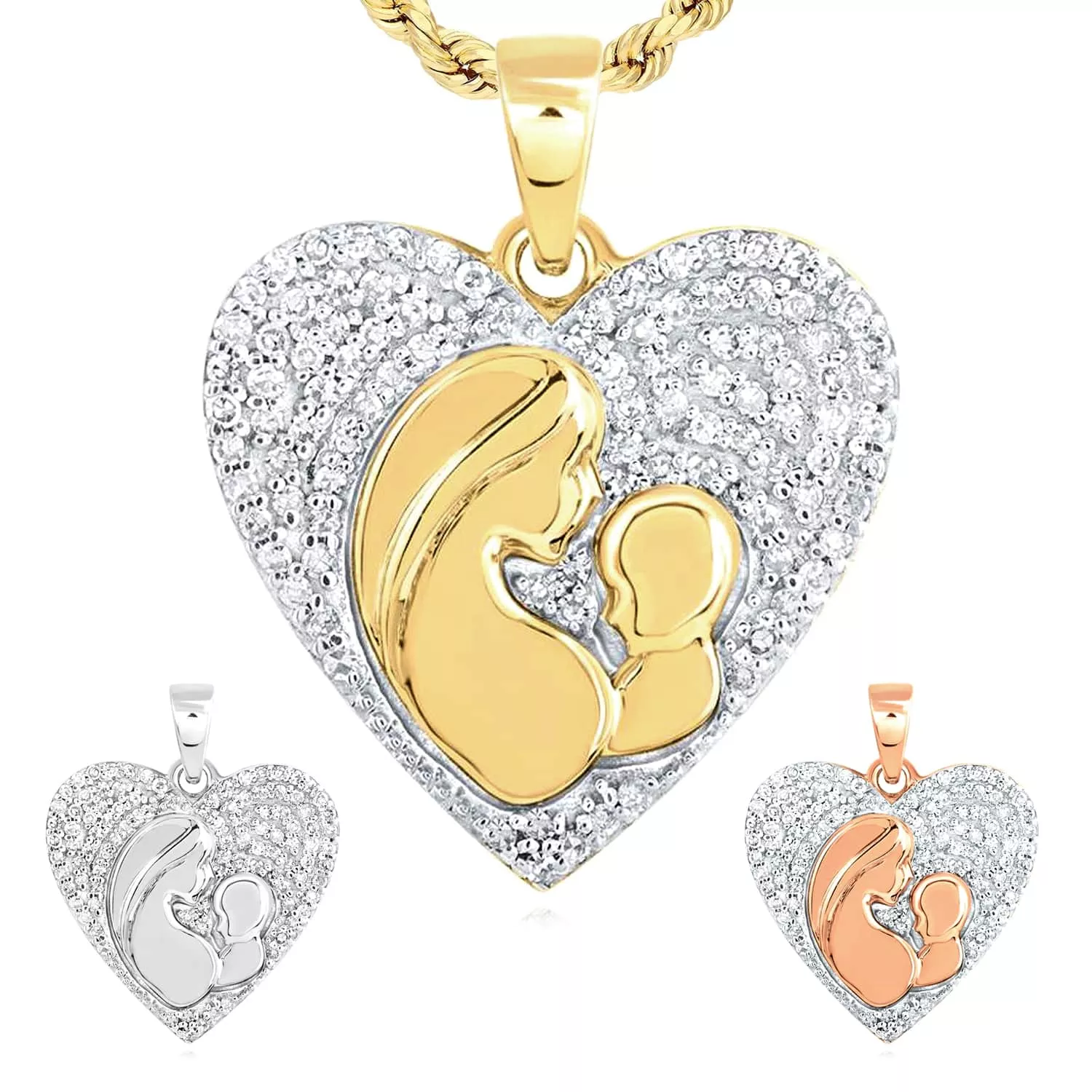 0.20CTW Natural Diamond 10K Gold Yellow White Rose Mother Child Heart Pendant