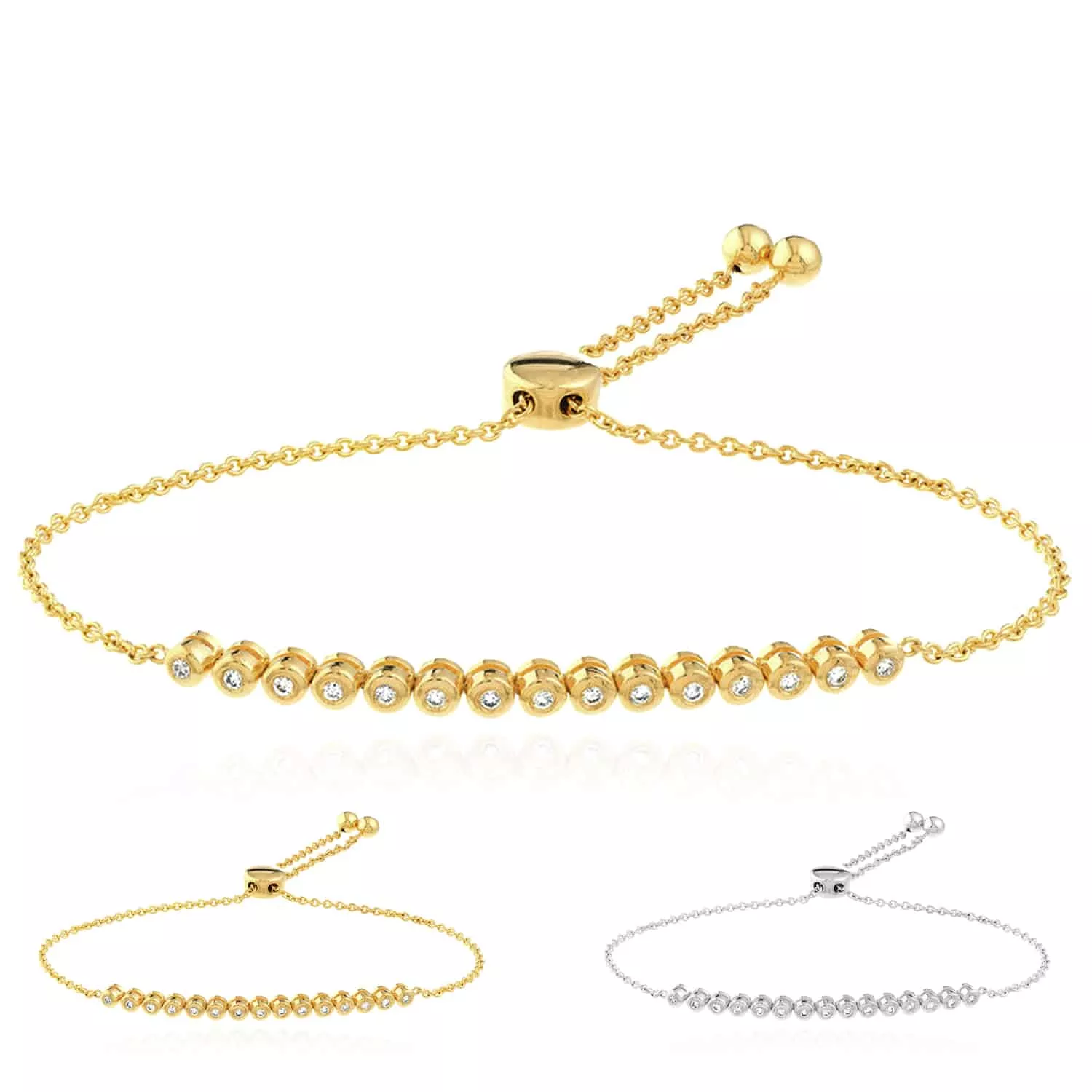0.20CTW Natural Diamond 14K Yellow Gold White Tennis Bolo Bracelet 9.5" Adjust.