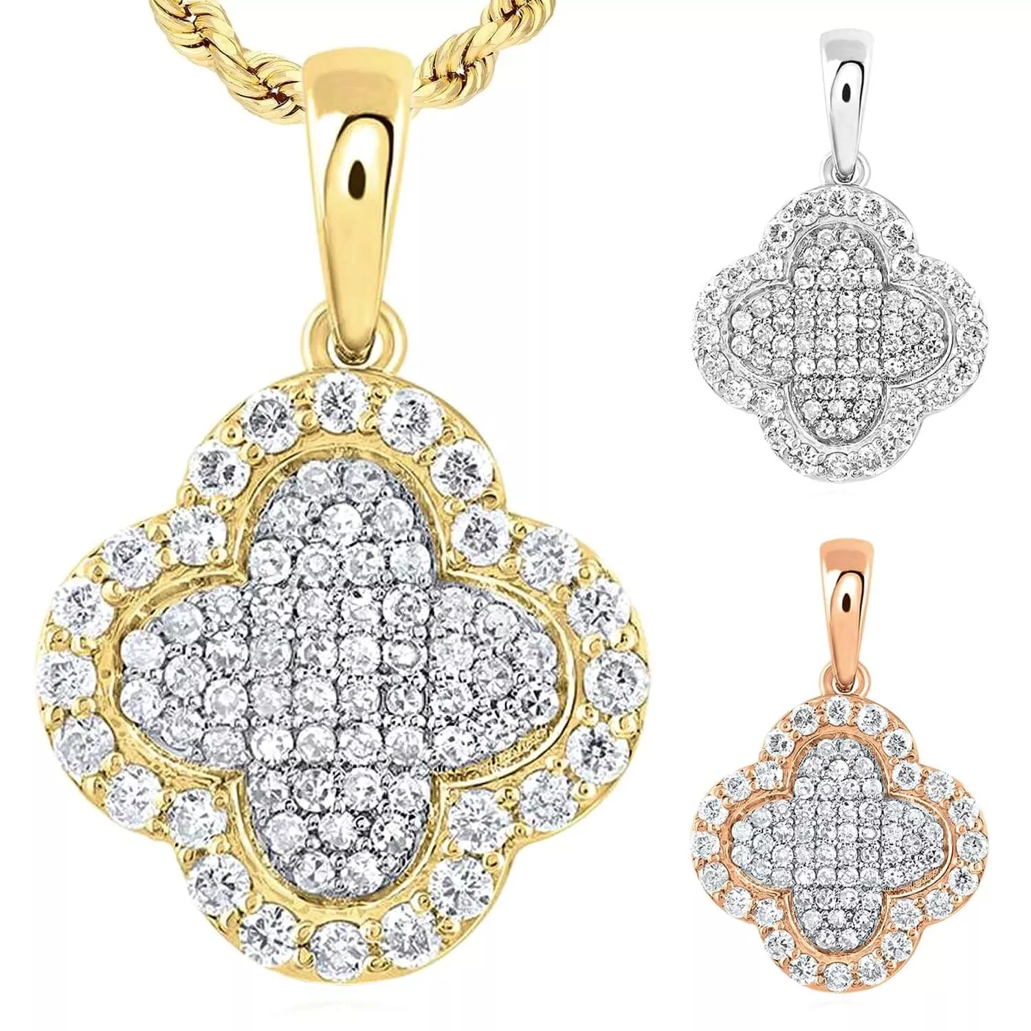 0.25CTW Natural Diamond 10K Gold Yellow White Rose Cluster Clover Pendant 0.65”