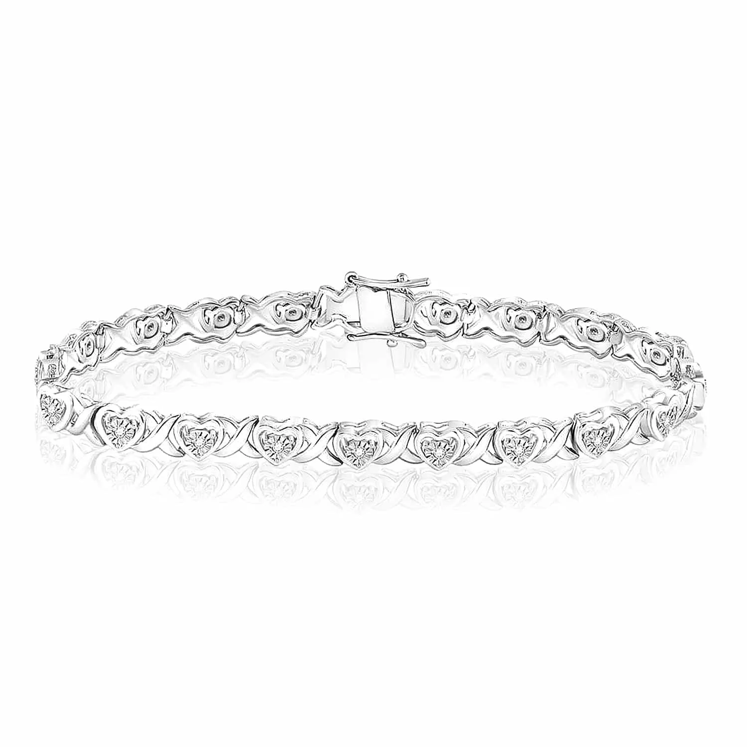 0.25CTW Natural Diamond Sterling Silver 7.5mm Round Heart Tennis Bracelet 7"