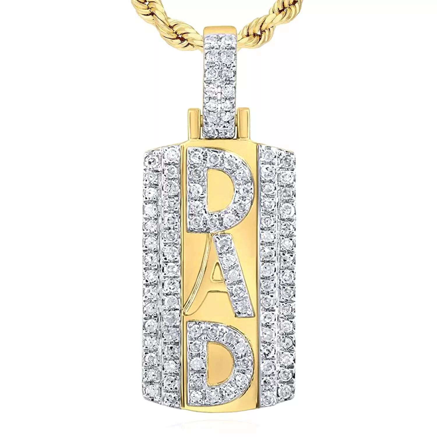 0.32CTW Natural Diamond 10K Yellow Gold DAD Dog Tag Pendant 0.9"