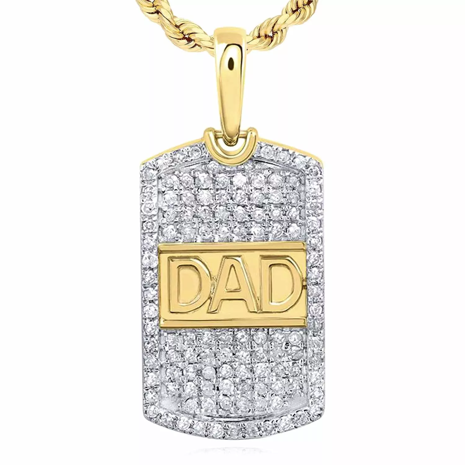 0.35CTW Natural Diamond 10K Gold DAD Dog Tag Pendant 0.9"