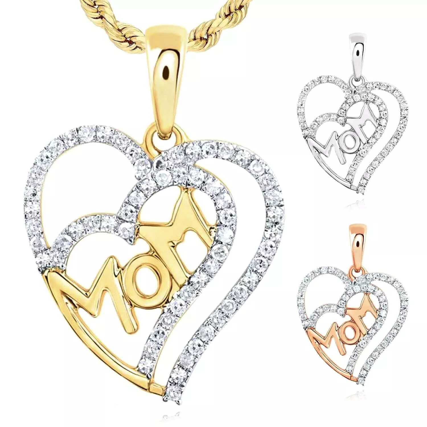 0.3CTW Natural Diamond 10K Gold Yellow White Rose Double Heart MOM Pendant 0.85"