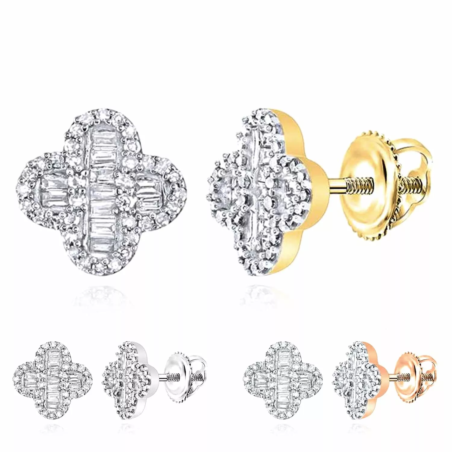 0.4CTW Natural Diamond 10K Gold Baguette Cluster Clover Screw Back Stud Earrings