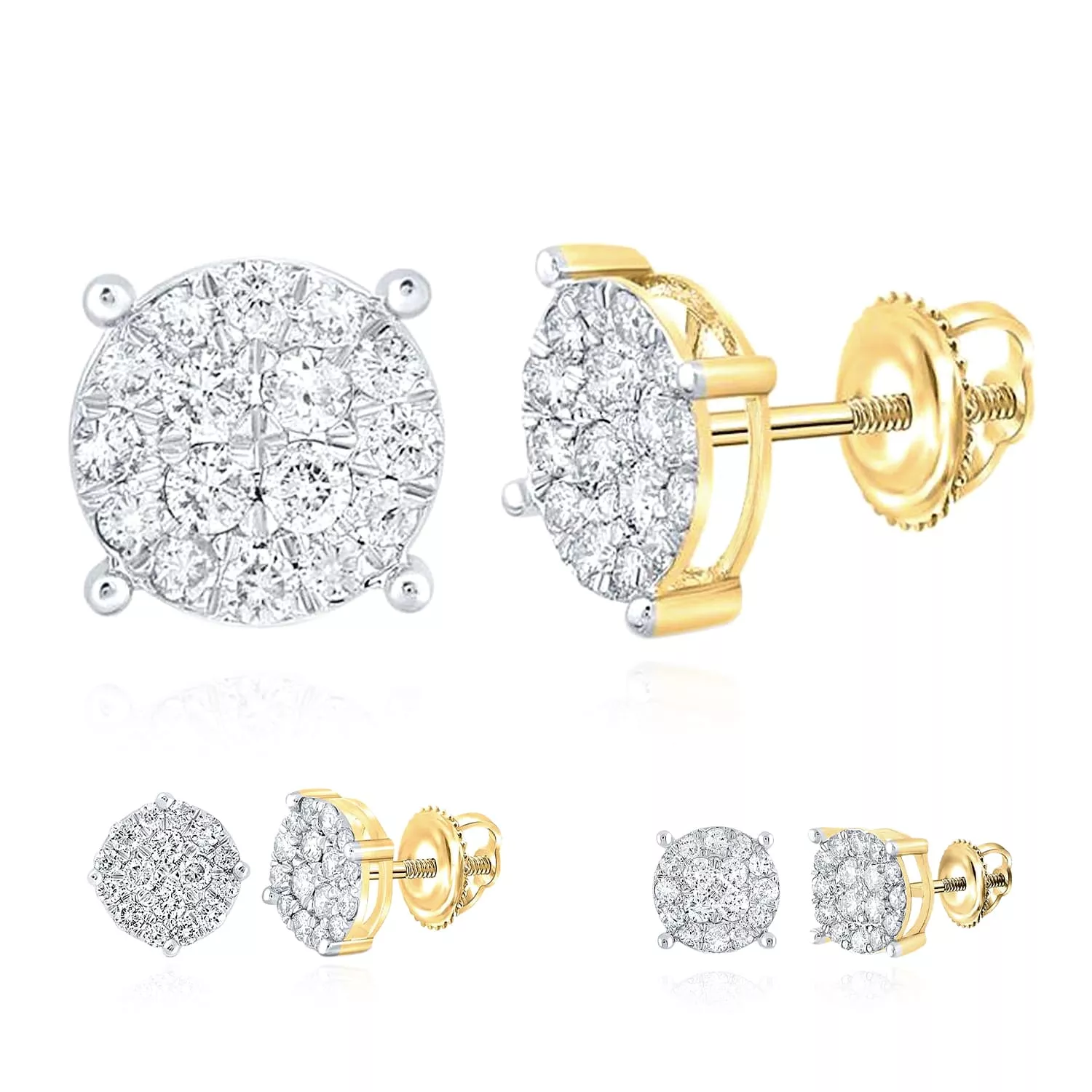 0.5-1CTW Natural Diamond 10K Yellow Gold Round Cluster Screw Back Stud Earrings