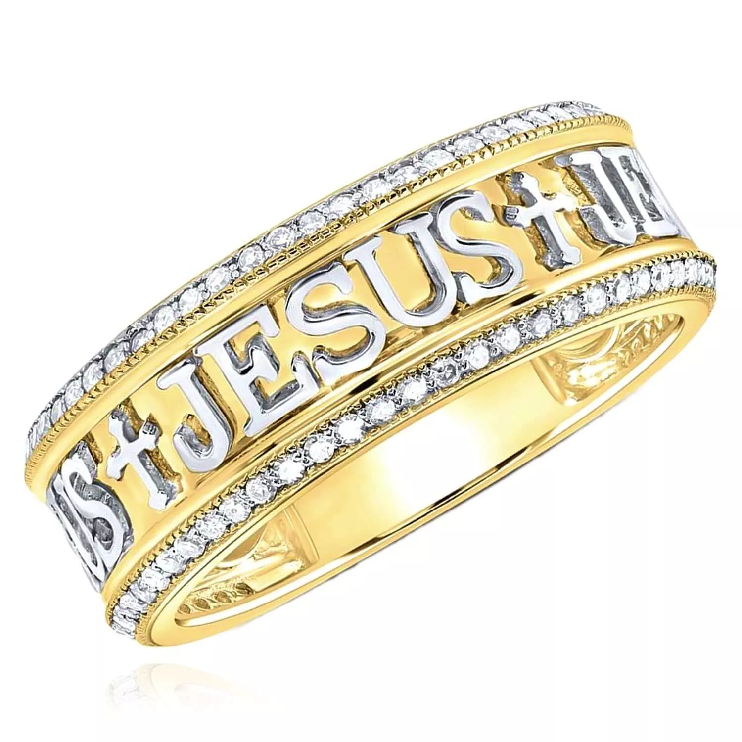 0.50CTW Natural Diamond 10K Two-Tone Yellow White Gold Cross JESUS Band Ring