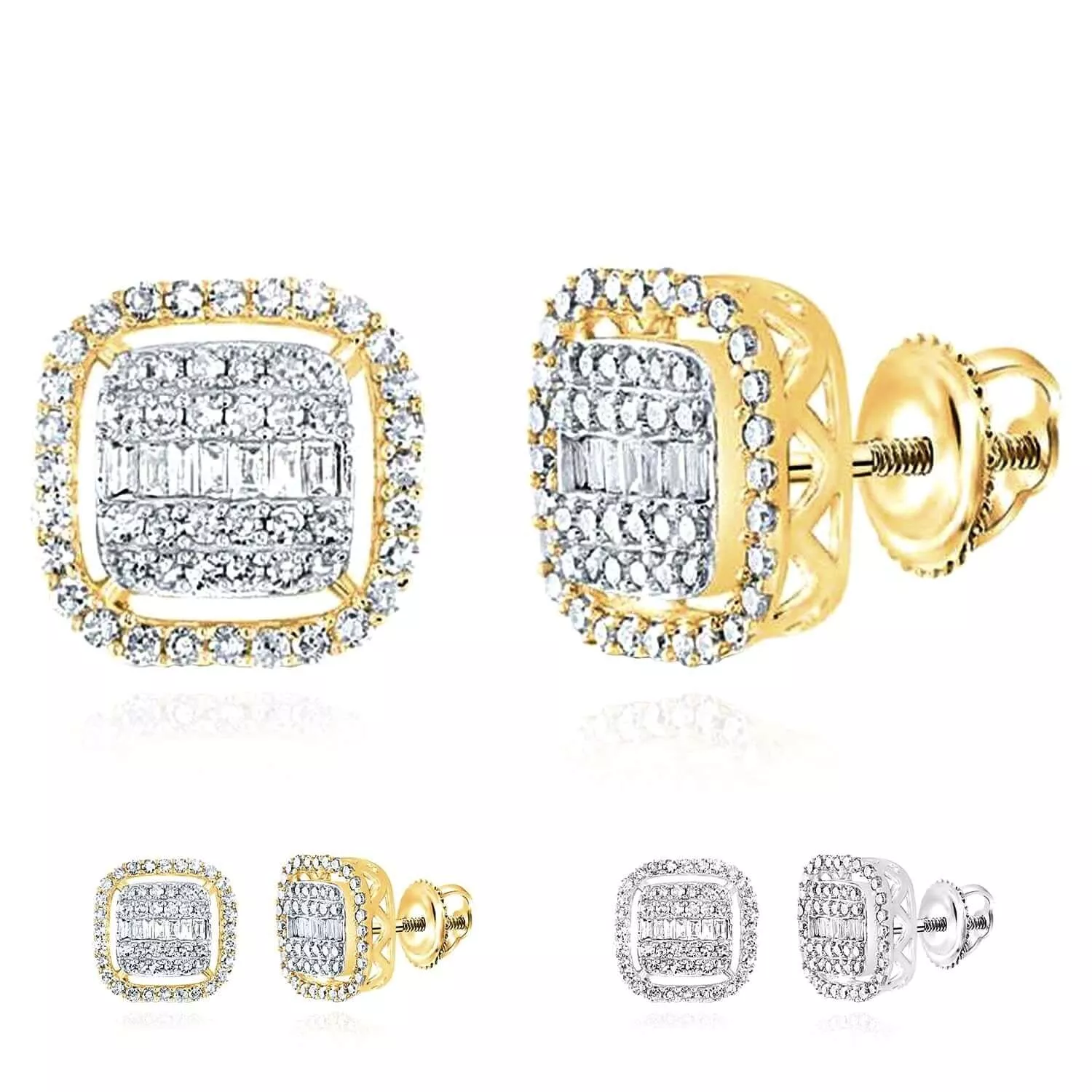 0.60CTW Natural Diamond 10K Gold Yellow White Baguette Square Stud Earrings 10mm