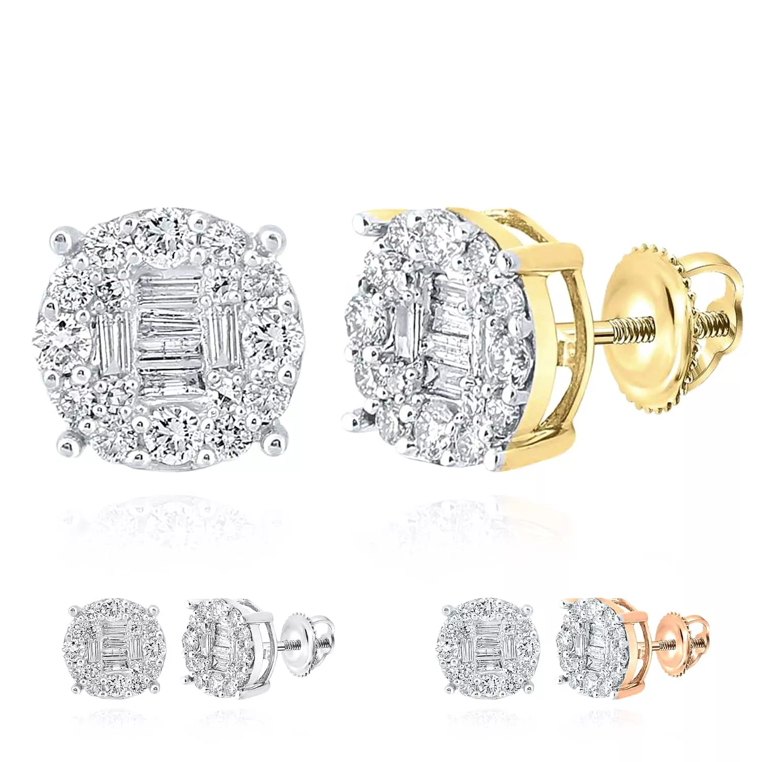 0.60CTW Natural Diamond 10K Gold Yellow White Rose Baguette Round Stud Earrings