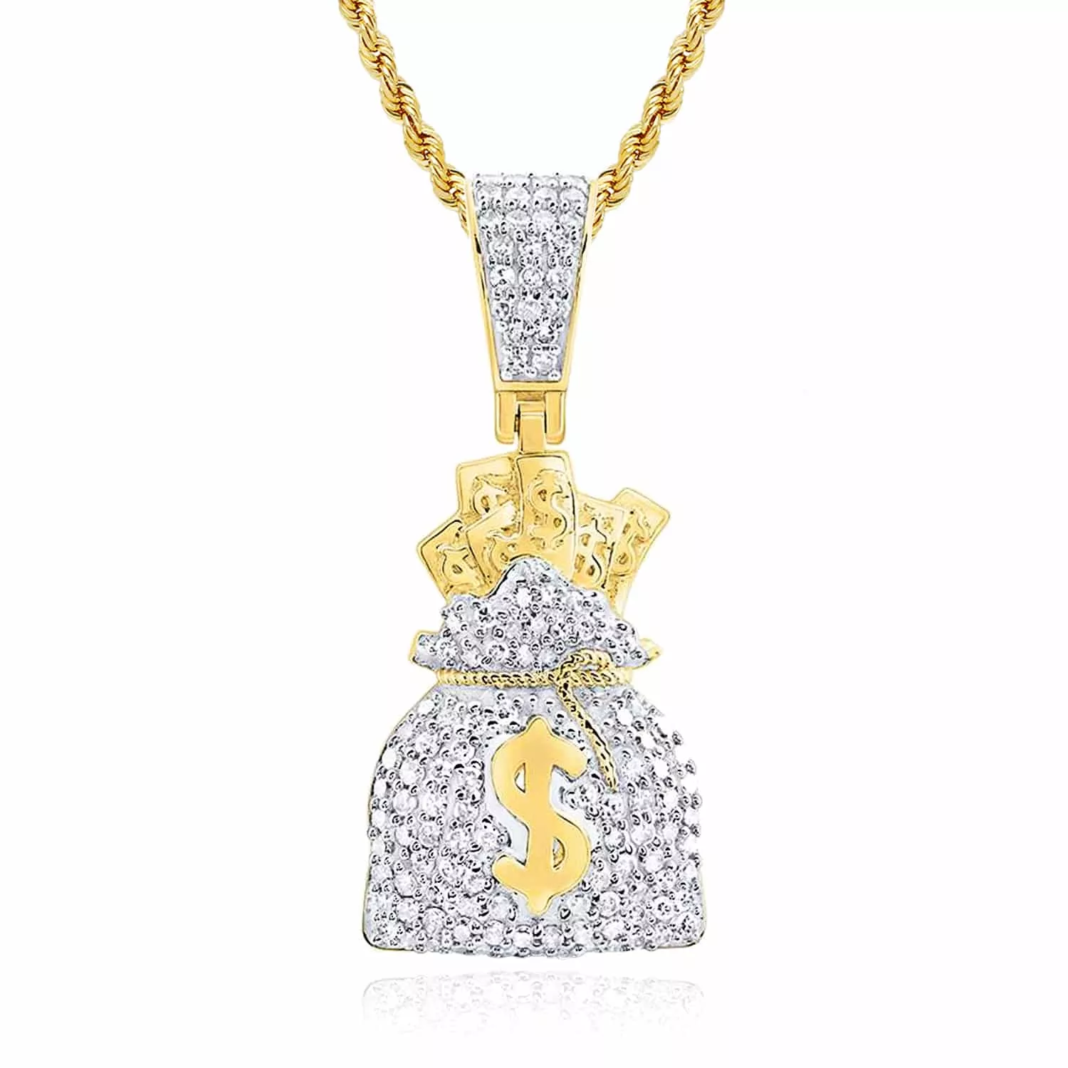 0.62CTW Natural Diamond 10K Yellow Gold Dollar Money Bag Sack Pendant 1.1"