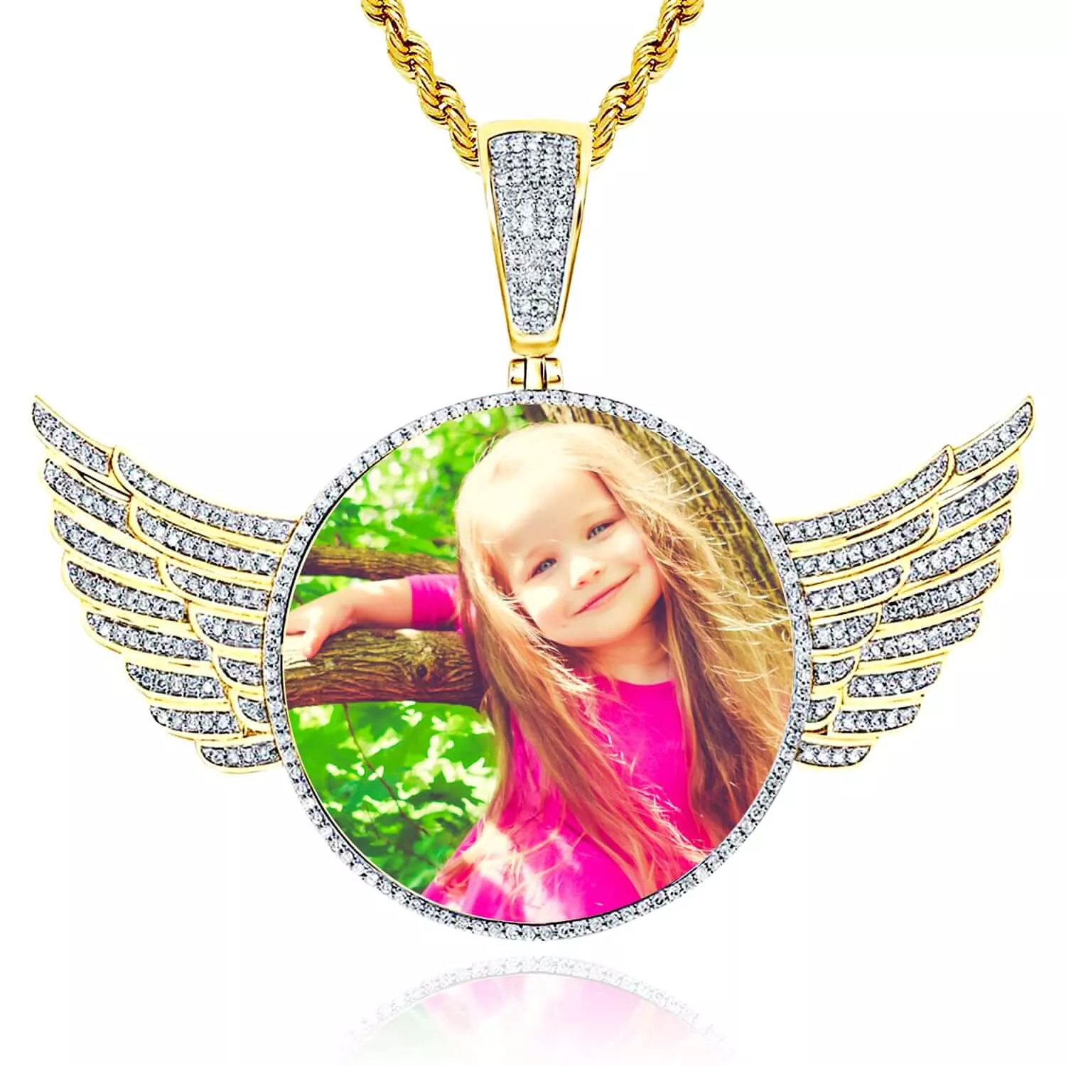 0.75CTW Natural Diamond 10K Yellow Gold Round Memory Picture Pendant Wings 2"