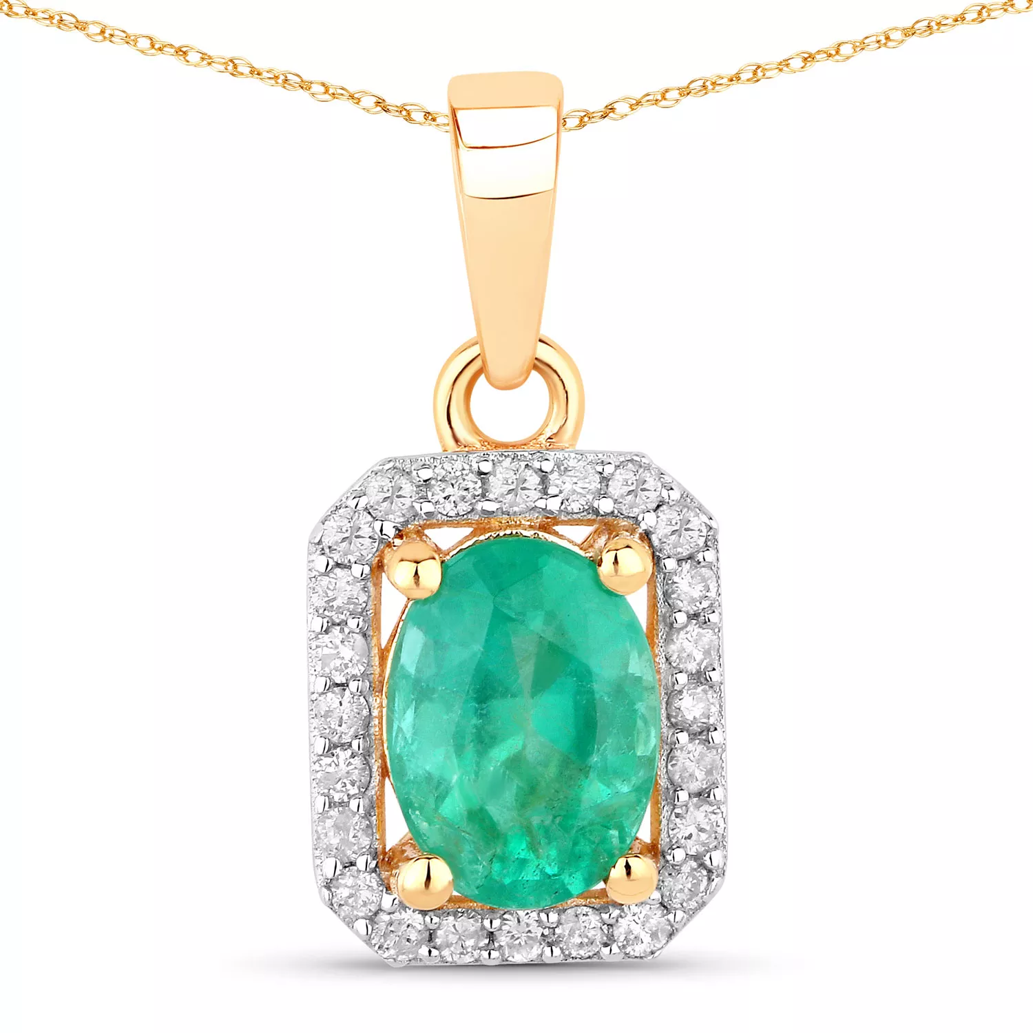 0.83 Carat Genuine Zambian Emerald and White Diamond 10K Yellow Gold Pendant