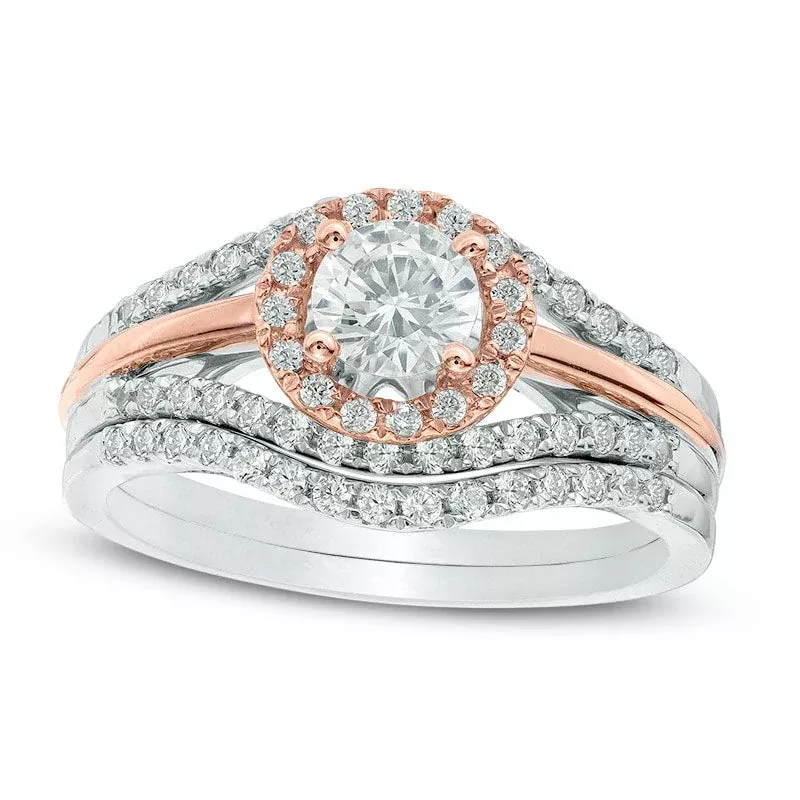 0.88 CT. T.W. Natural Diamond Frame Split Shank Bridal Engagement Ring Set in Solid 10K Two-Tone Gold