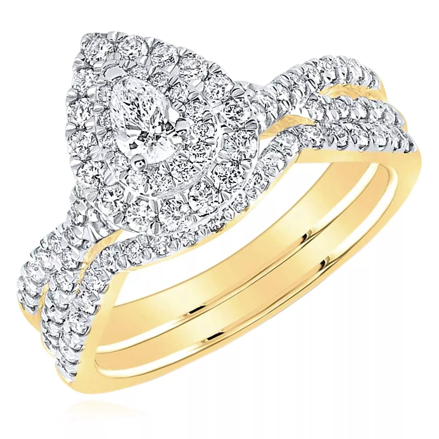 0.98CTW Natural Diamond 14K Yellow Gold Pear Halo Bridal Wedding Ring Set