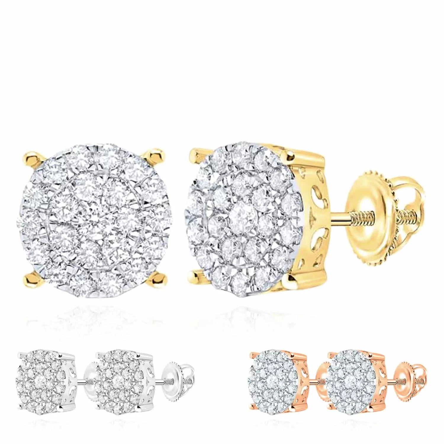 0.9CTW Natural Diamond 10K Gold Yellow White Rose Round Screw Back Stud Earrings