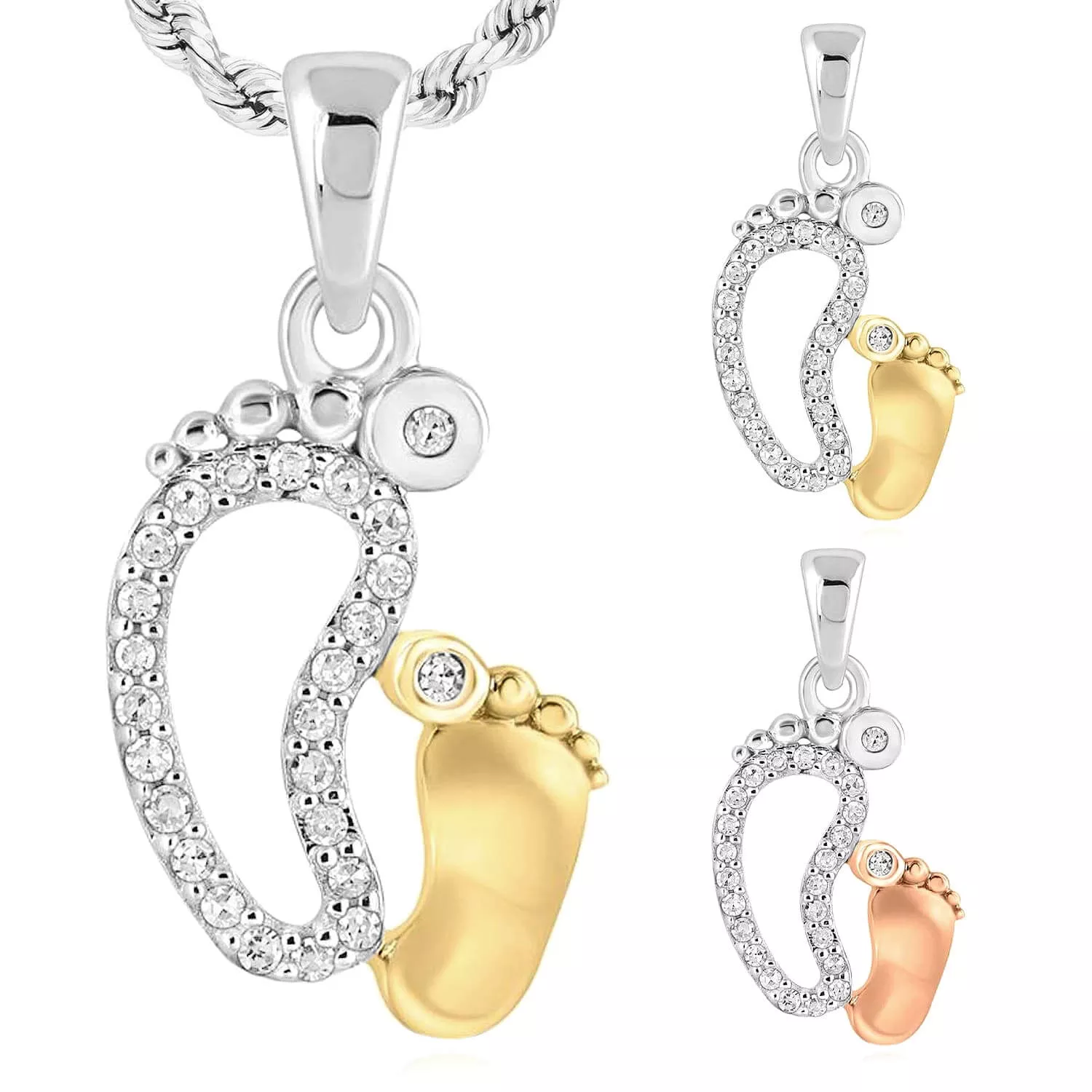 .08CTW Natural Diamond 10K Gold White Yellow Rose Mother Child Footprint Pendant