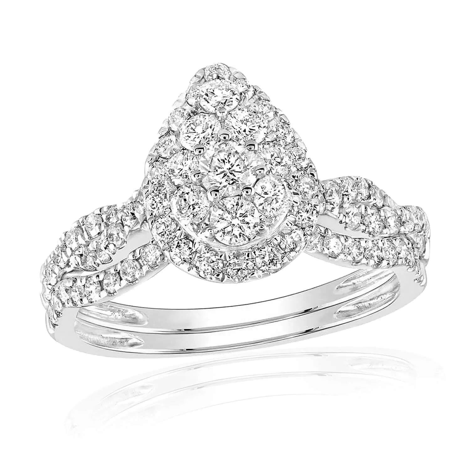 1.01CTW Natural Diamond 10K Gold White Pear Teardrop Bridal Wedding Ring Set