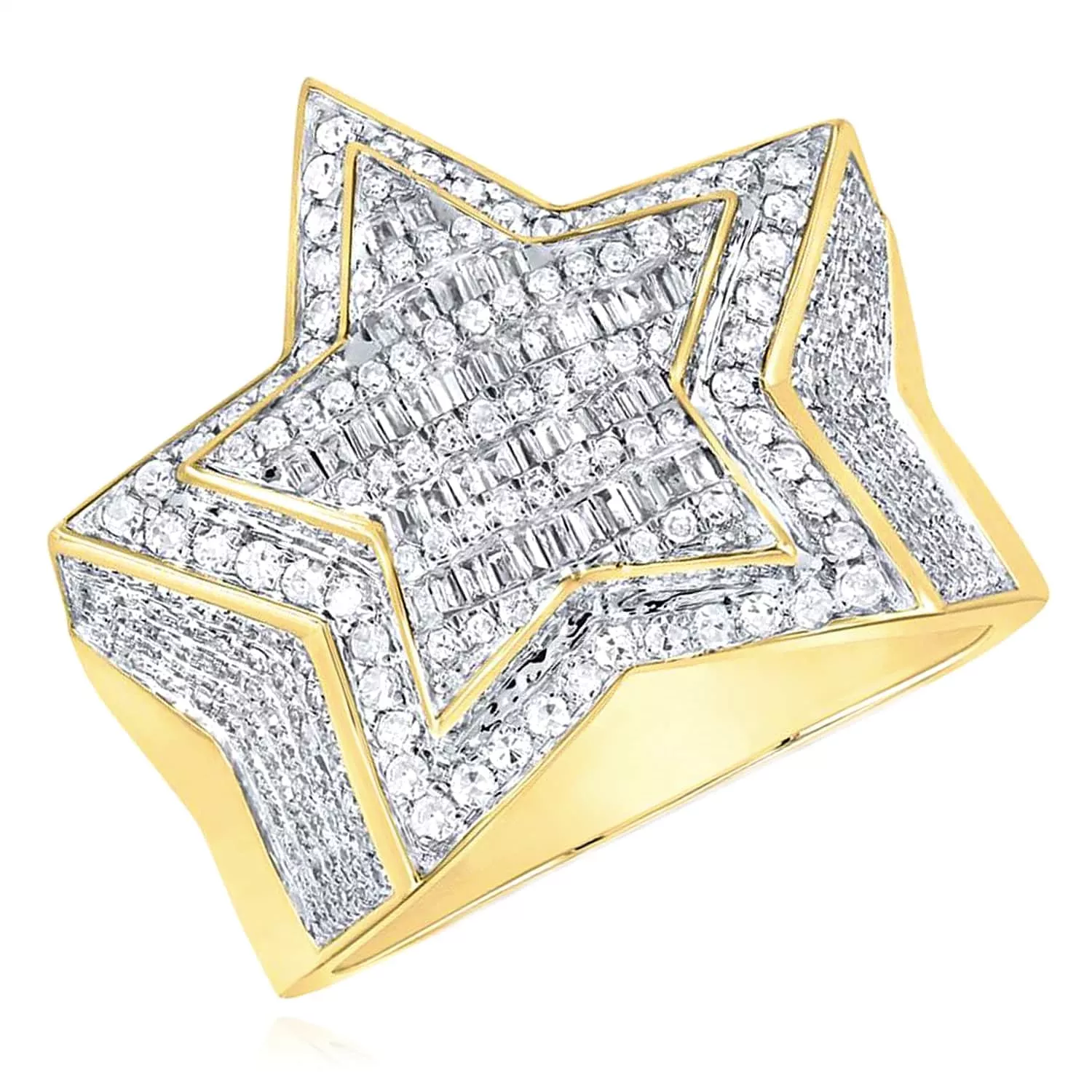 1.25CTW Natural Diamond 10K Yellow Gold Round Baguette 3D Star Signet Ring