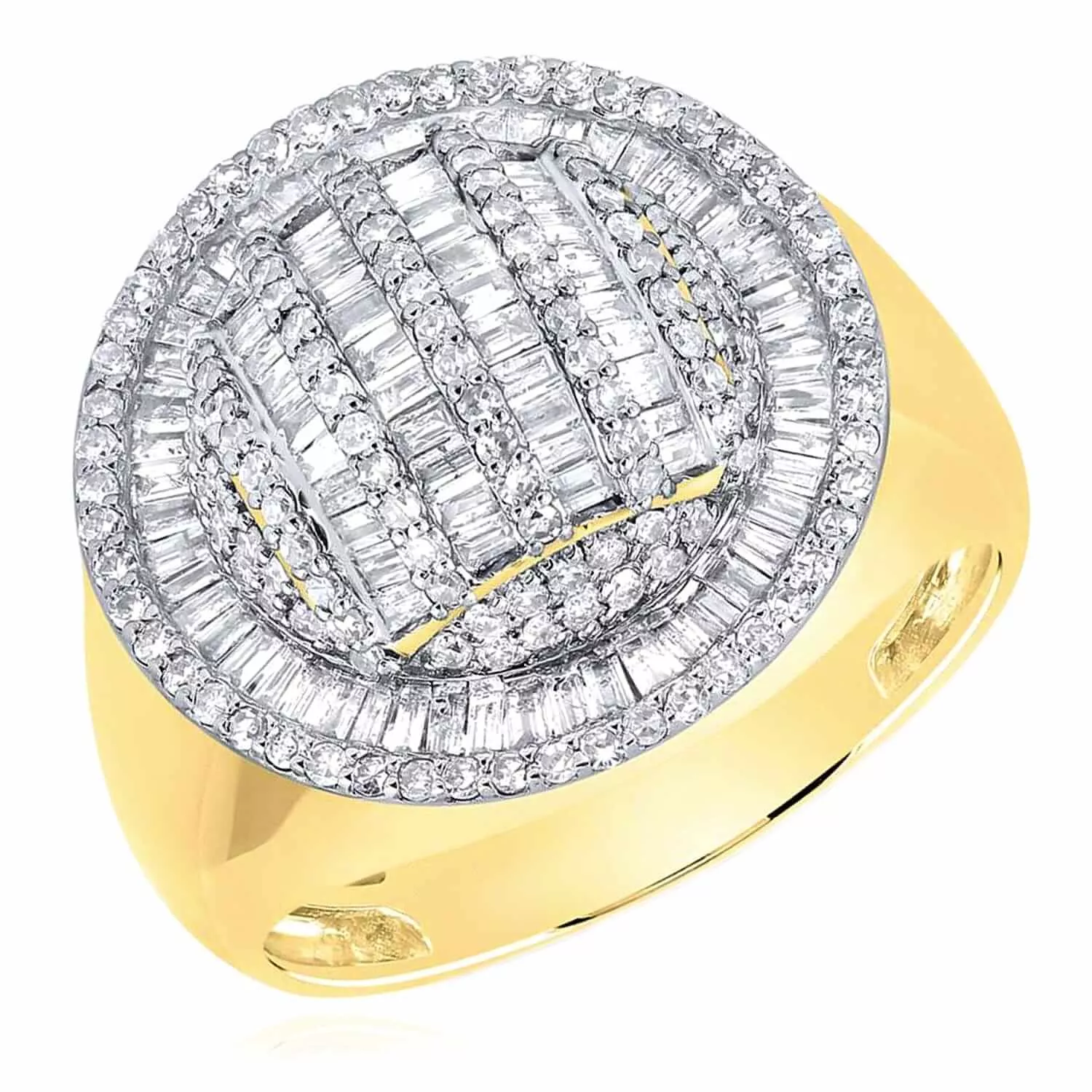 1.60CTW Natural Diamond 10K Yellow Gold Baguette Round 20mm Signet Ring
