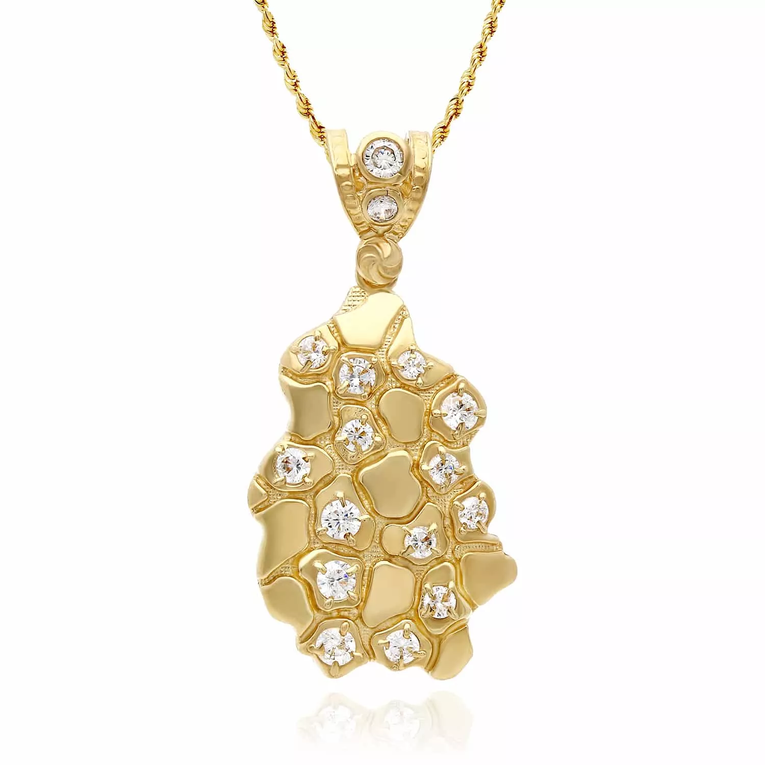 10K Gold CZ Nugget Pendant 1.5"–2.3"