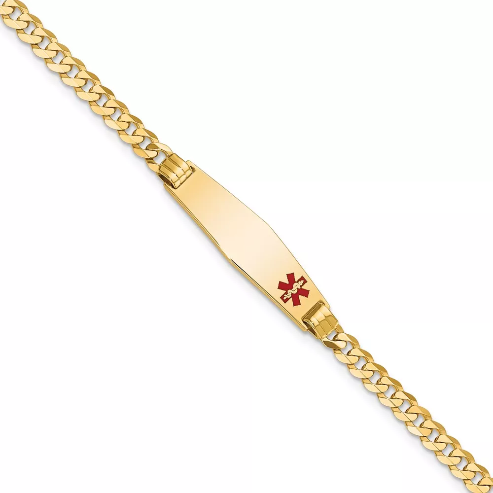 10k Medical Soft Diamond Shape Red Enamel Curb Link ID Bracelet